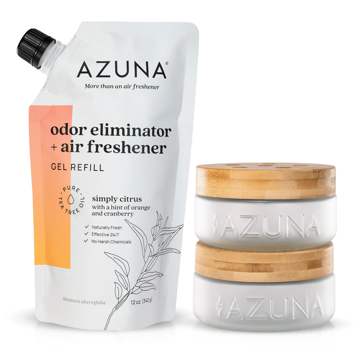 Azuna Air Freshener & Odor Eliminator for Strong Odor | 2 Room Kit Includes (2) Empty Luxe Glass Jar & 12oz Gel Refill with Tea Tree Essential Oil |
