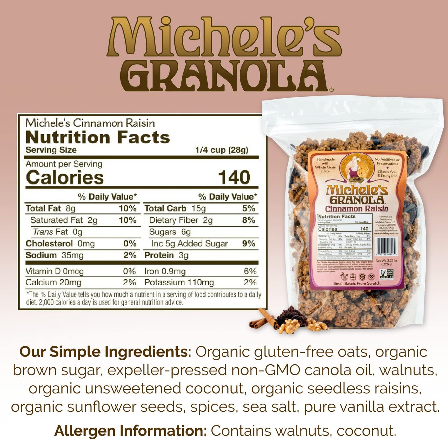 Michele's Granola Cinnamon Raisin, Handmade, Whole Grain, Vegan, Gluten-Free & Non-GMO, 36oz Resealable Bag