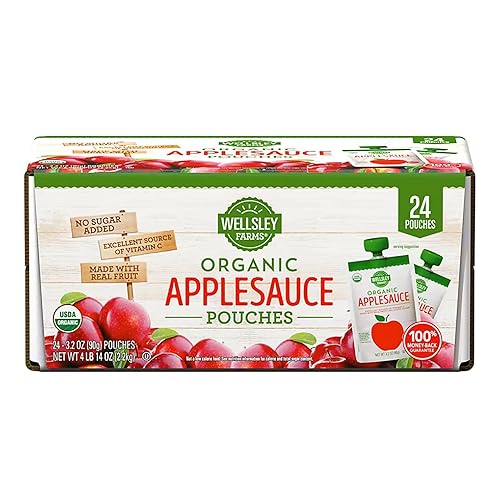 Wellsley Farms Organic Applesauce Pouches, 24-Pack (3.2 oz Each) 100% Real Fruit, No Sugar Added, Gluten-Free, Kosher, No Artificial Colors or Flavors