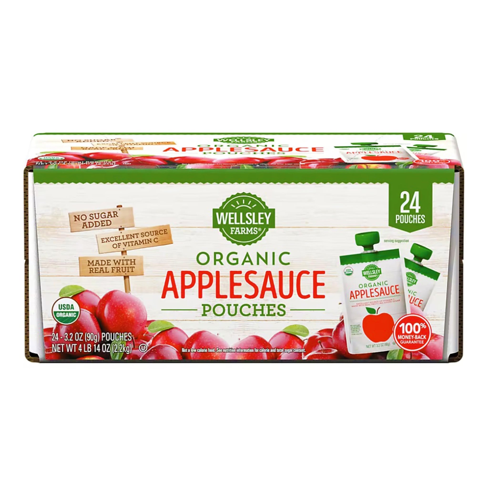 Wellsley Farms Organic Applesauce Pouches, 24-Pack (3.2 oz Each) 100% Real Fruit, No Sugar Added, Gluten-Free, Kosher, No Artificial Colors or Flavors