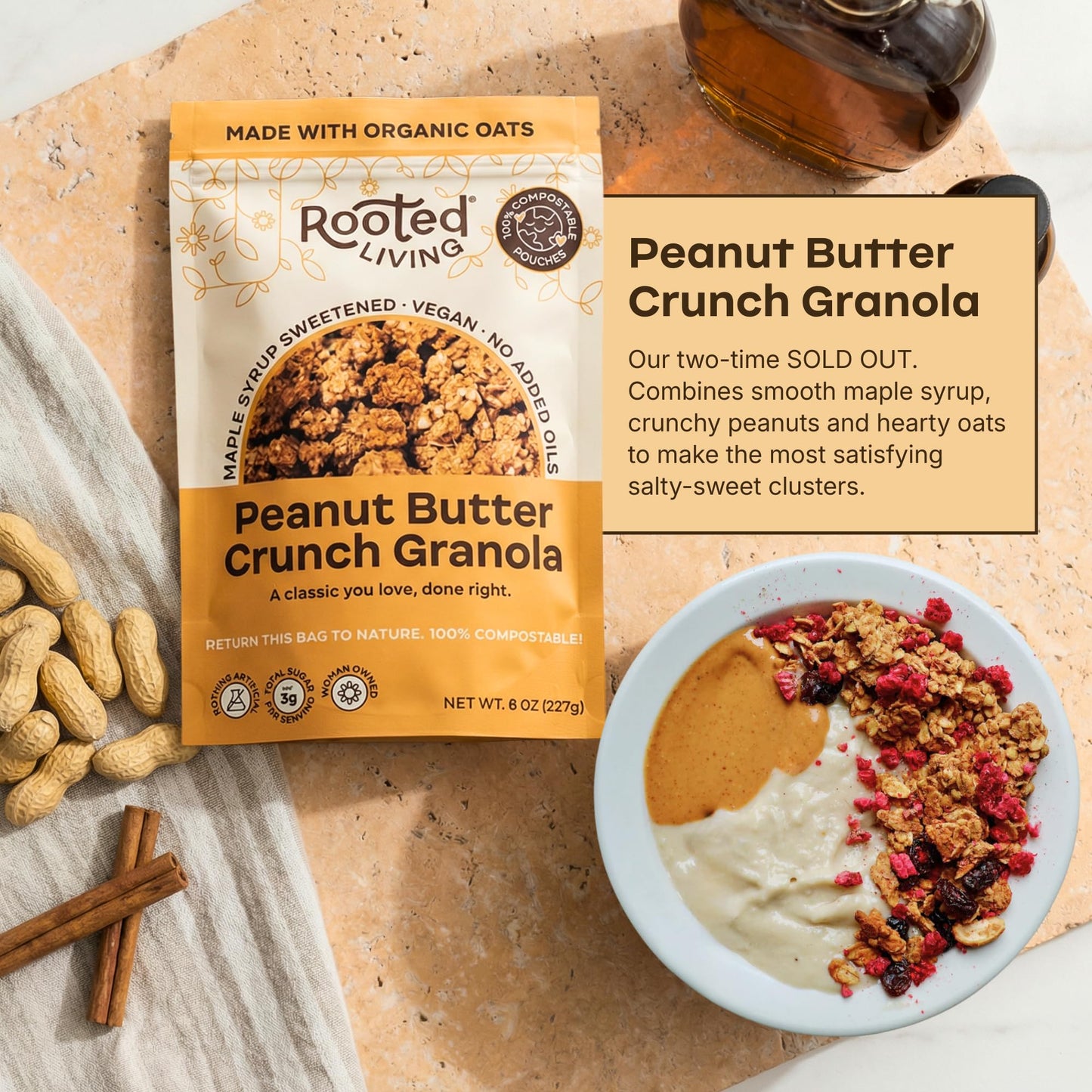 Rooted Living Peanut Butter Crunch Granola, 8 Oz, Organic Rolled Oats and Sweetened with Maple Syrup, Healthy Vegan Snack, Topping, or Breakfast