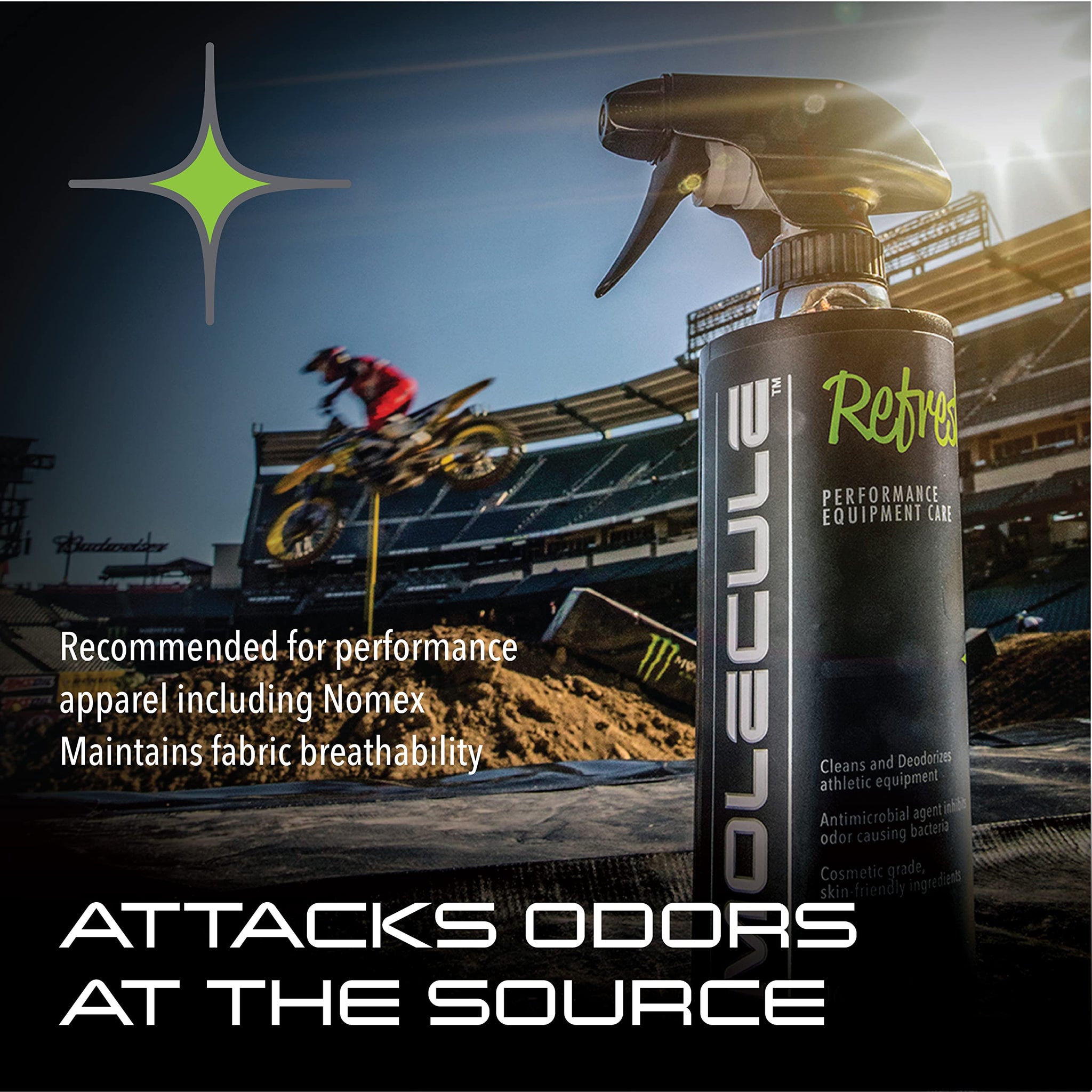 Molecule Refresh Spray | Performance Apparel Care | Cleans and Deodorizes Racing Suites & Technical Fabrics | Signature Fresh Scent | 4 Ounces