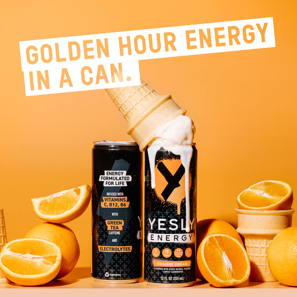 Yesly Energy Drink, Orange Cream, Naturally Flavored Sparkling Energy Drink With Electrolytes, Magnesium, Potassium, Vitamin C, B6 & B12, Natural