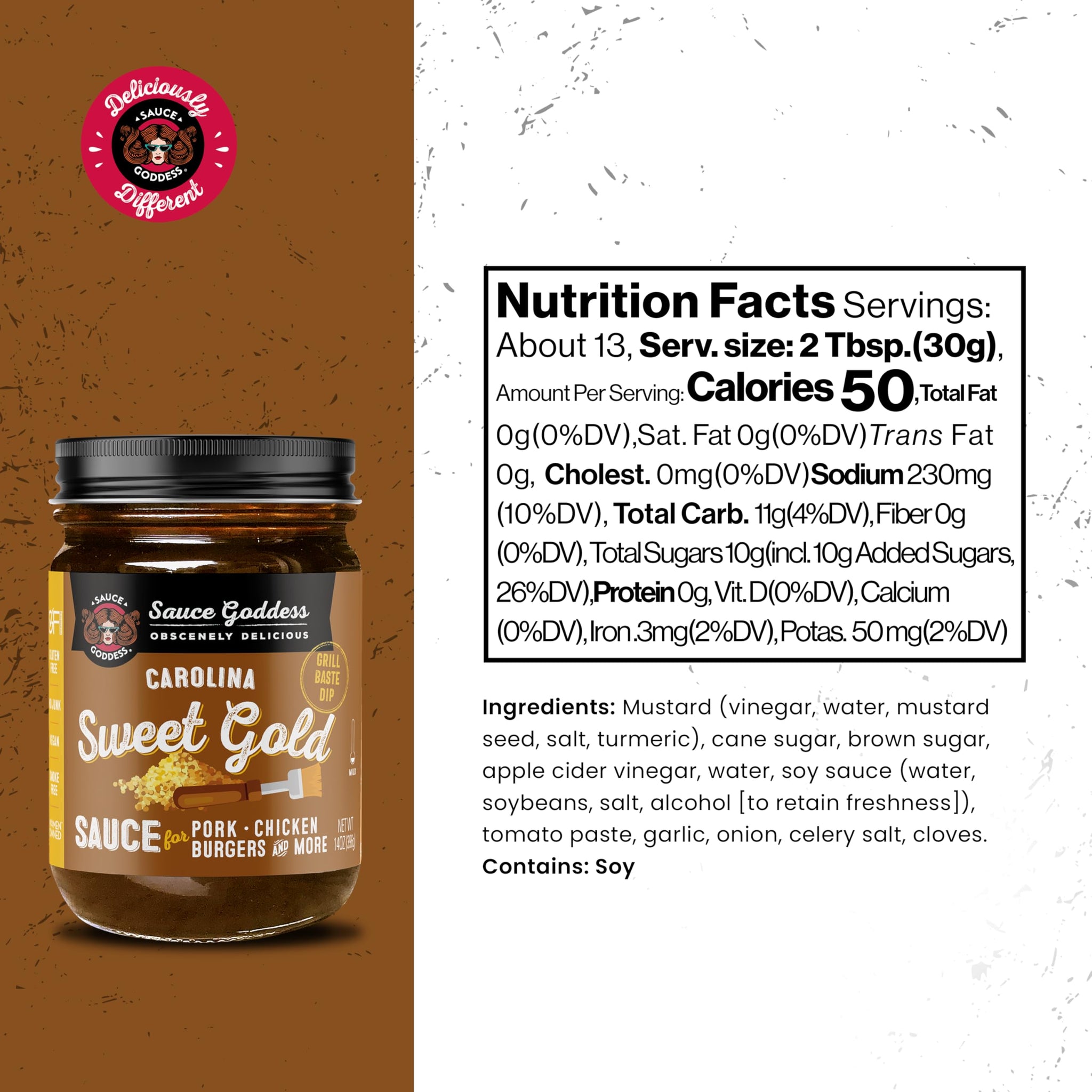 Sauce Goddess - Carolina Sweet Gold Barbecue Sauce - Tangy Mustard, Brown Sugar, Apple Cider Vinegar, Certified Gluten-Free, Vegan, 14 oz - 1 Pack