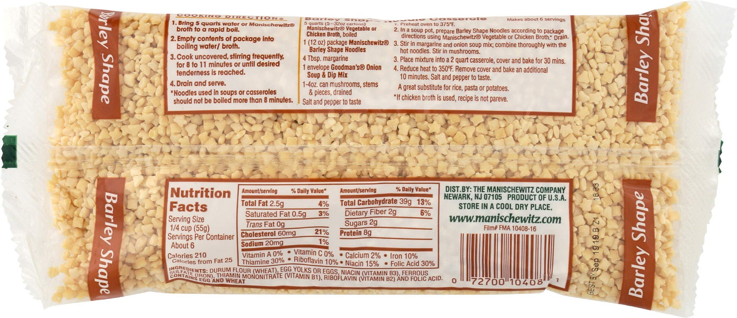 Manischewitz Barley Shaped Enriched Egg Noodles, 12 OZ (Pack of 12) Makes a Great Homestyle Farfel, No Preservatives, Low Sodium