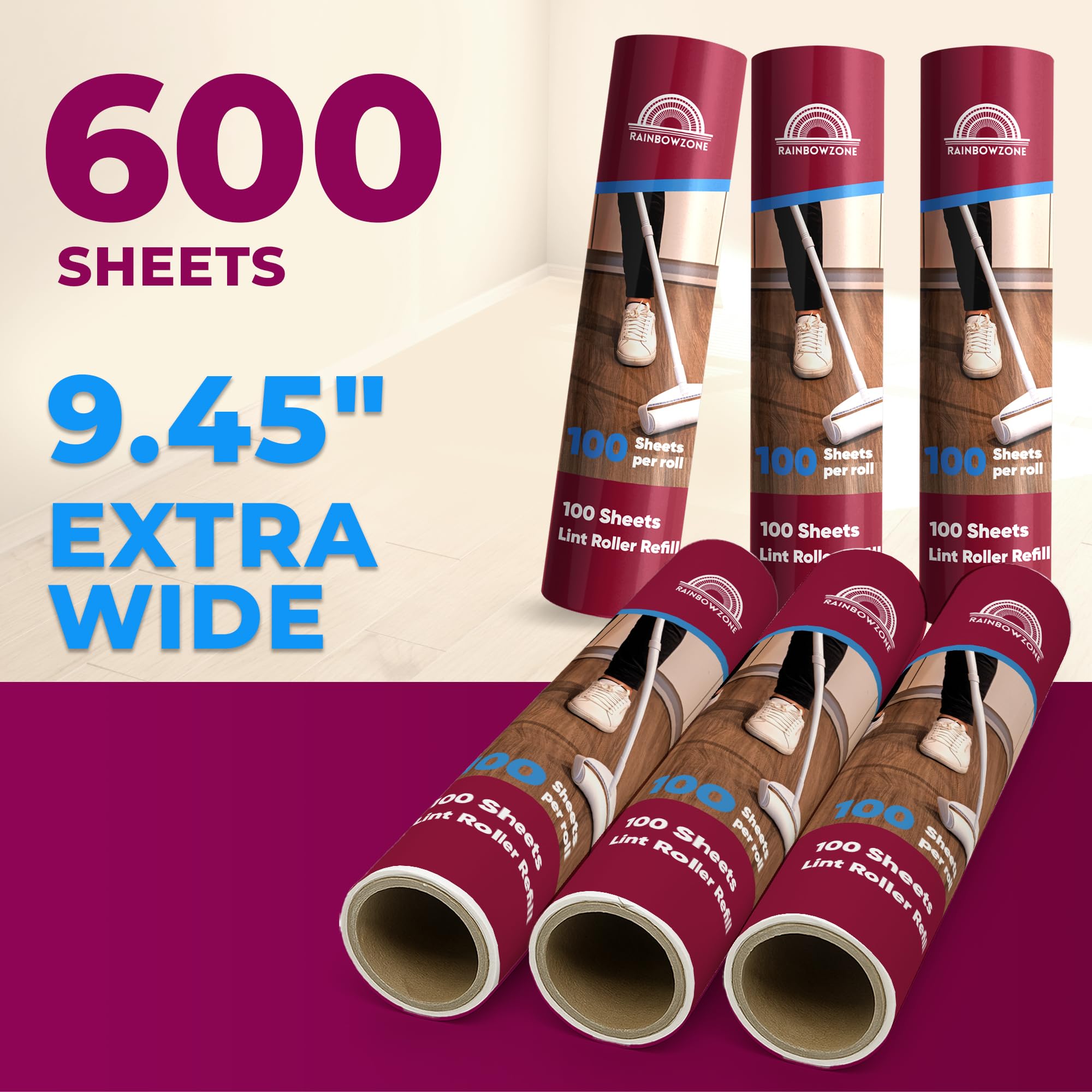 RainbowZone 6 Rolls of 9.5'' Extra Wide Large Lint Roller Refills. Total 600 Extra Sticky Adhesive Peel Sheets (100 Sheet per roll) for Pet Hair