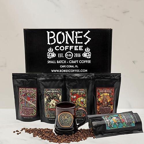 Bones Coffee Company NEW World Tour Sample Pack Box Set with Specialty Coffee Mug, 5 Assorted Single-Origin Low Acid Medium Roast Arabica Beans