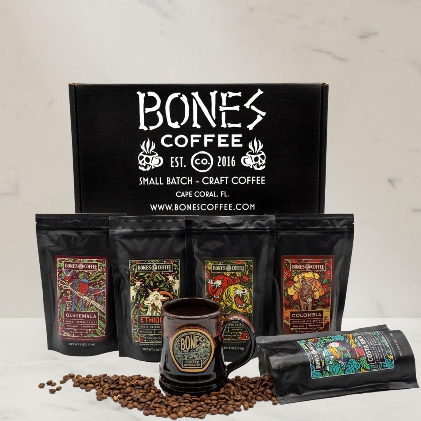 Bones Coffee Company NEW World Tour Sample Pack Box Set with Specialty Coffee Mug, 5 Assorted Single-Origin Low Acid Medium Roast Arabica Beans