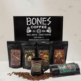 Bones Coffee Company NEW World Tour Sample Pack Box Set with Specialty Coffee Mug, 5 Assorted Single-Origin Low Acid Medium Roast Arabica Beans