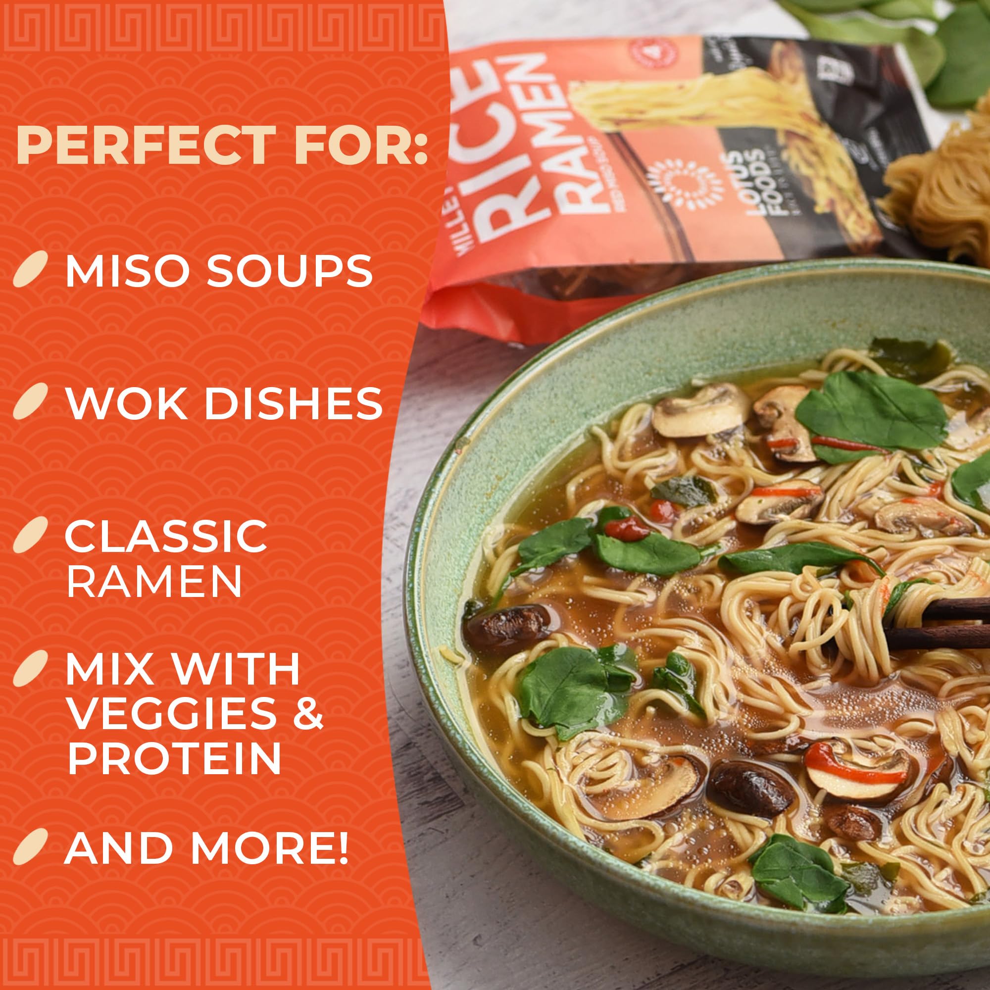 Lotus Foods Bulk Food Organic Millet & Brown Rice Ramen Noodles with Red Miso Soup, Gluten-Free Easy to Cook & Healthy Japanese Noodles with Instant