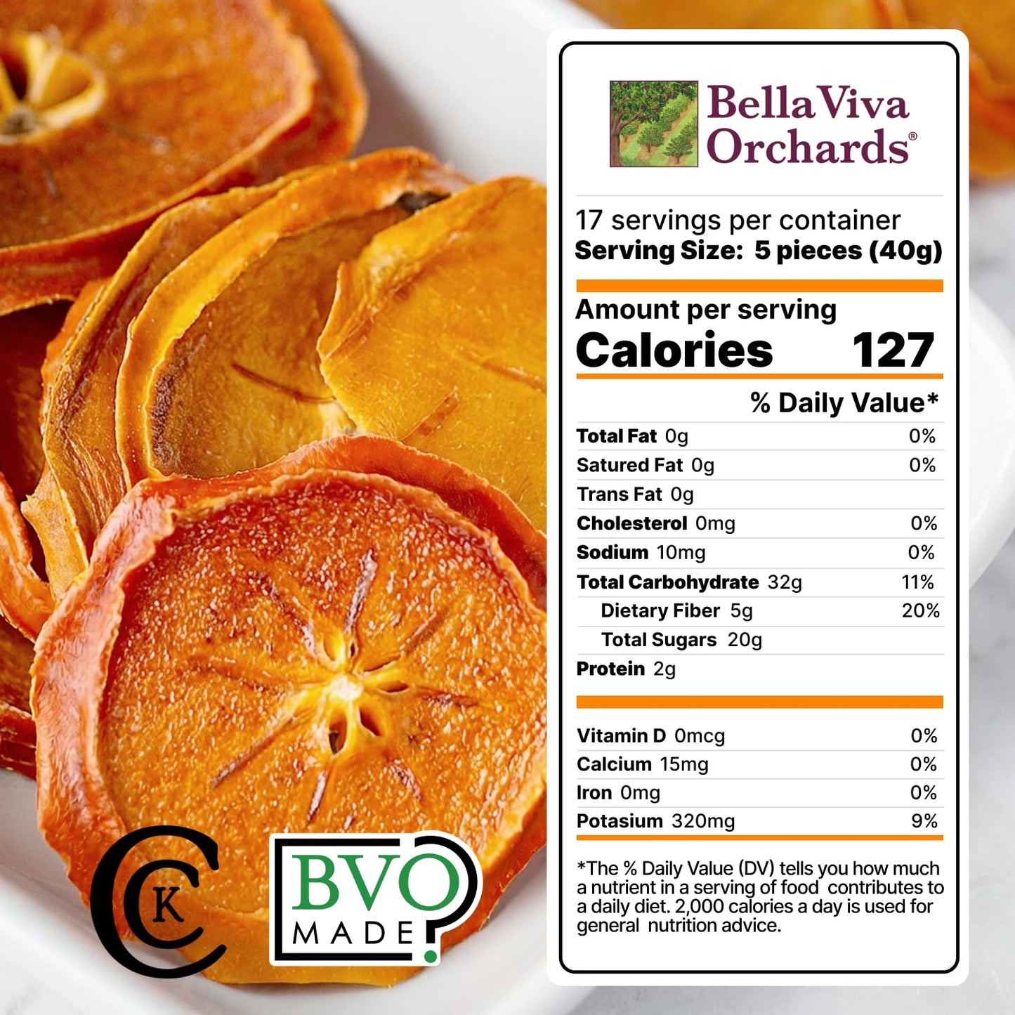 Bella Viva Dried Persimmons, 1.5 lb - California Dried, Upcycled Persimmon Slices - No Sugar Added, No Sulfites - Soft & Chewy Dry Persimmon Fruit
