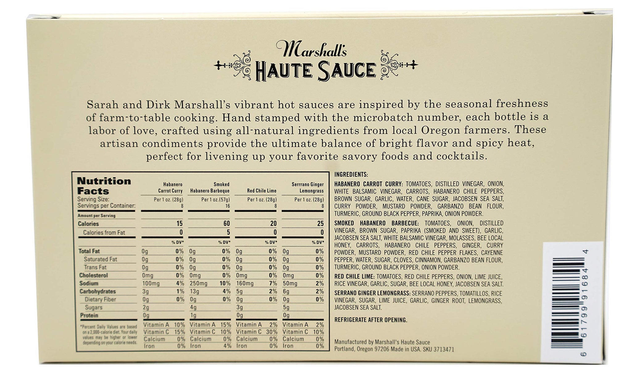 Marshall's Haute Sauce - Hot Sauce Sampler, 16 fl oz, Variety Pack of 4 flavors w/ Red Chilli Lime, Smoked Habanero BBQ, Habanero Carrot Curry,