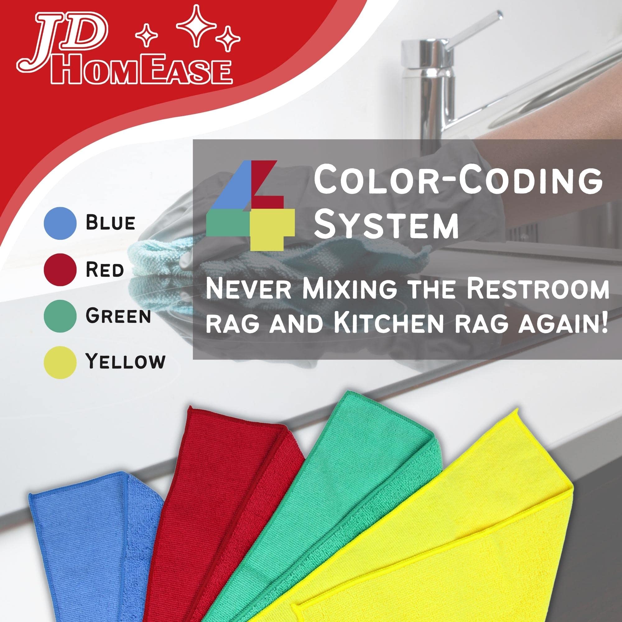 JD Homease Microfiber Cleaning Cloths,12 Pack, 12"x12", All-Purpose, Softer, Highly Absorbent, Lint-Free, Reusable, Washable Pro Towel 4 Colors
