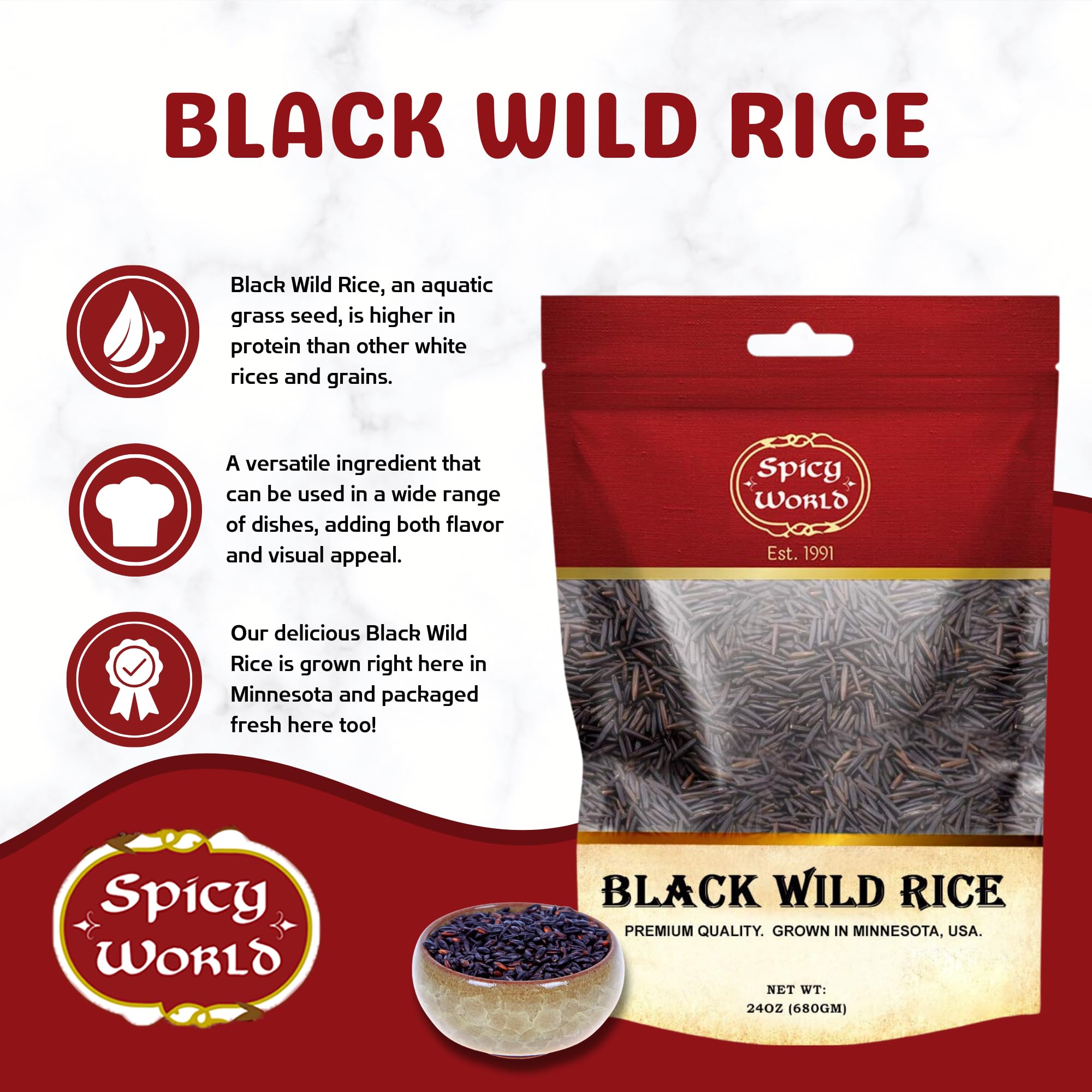 Spicy World Minnesota Grown Black Wild Rice 24oz Bag (1.5LB) | Premium Quality | All Natural, Hearty Grain with Rich Flavor | Perfect for Rice Dishes & Recipes
