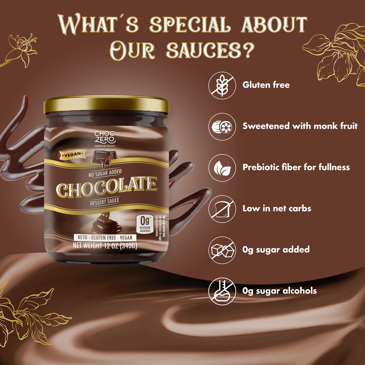 ChocZero Keto Chocolate Sauce, Sugar Free Hot Fudge, No Artifical Sweeteners, Low Carb Dessert & Ice Cream Topping, Gluten Free, 12 oz Jar