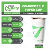 EcoQuality 20 oz Compostable Paper Cups - Biodegradable Disposable White Paper Coffee Cups PLA Lined - Eco-friendly Hot and Cold Drinking Cups