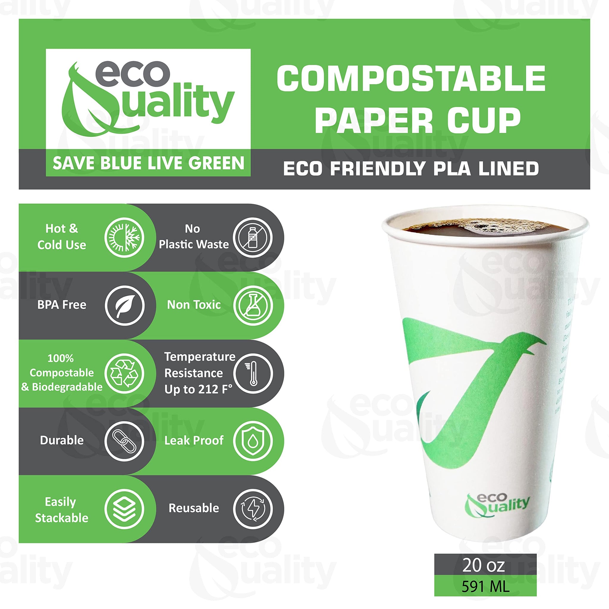 EcoQuality 20 oz Compostable Paper Cups - Biodegradable Disposable White Paper Coffee Cups PLA Lined - Eco-friendly Hot and Cold Drinking Cups