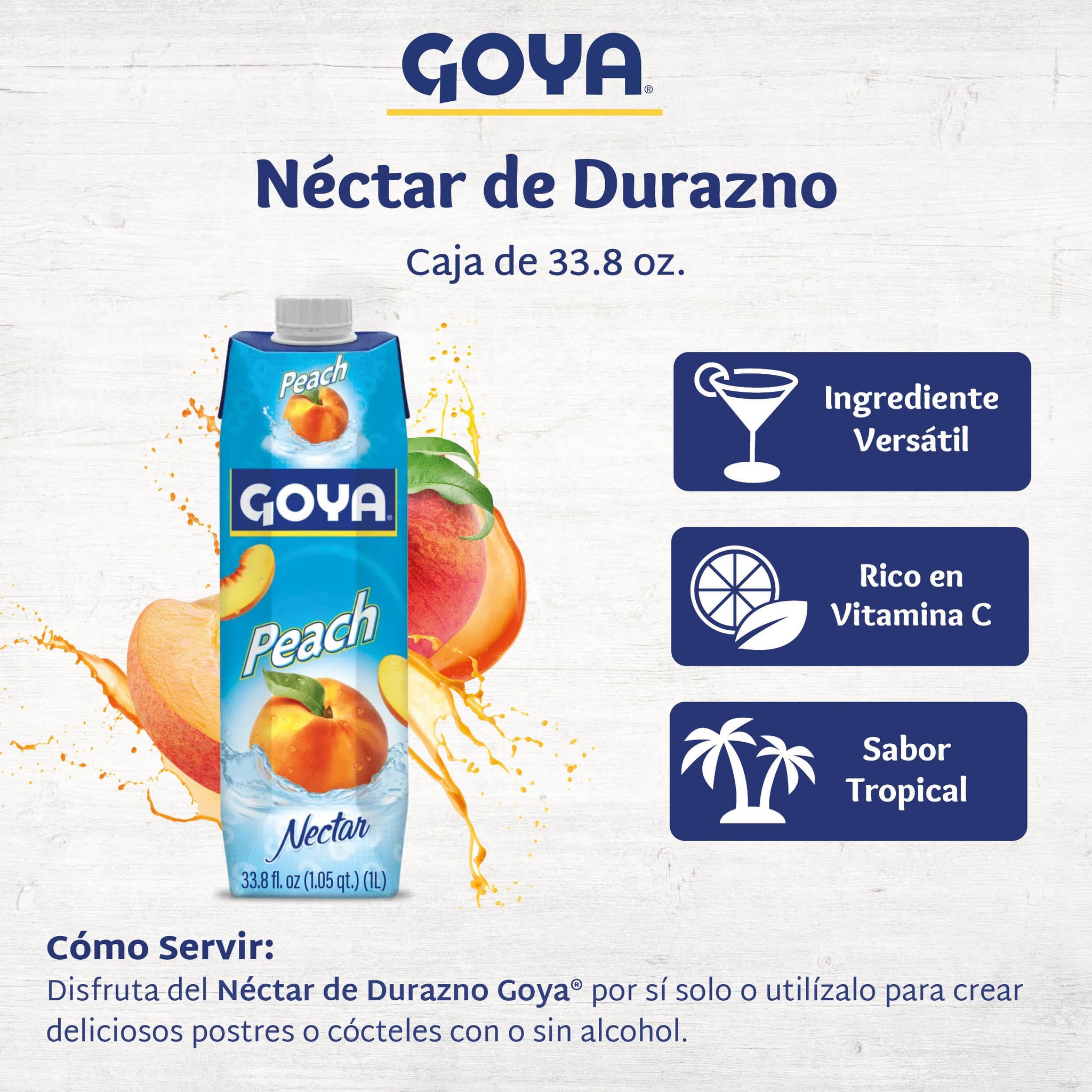 Goya Peach Nectar Juice, Pack of 2 (33.8 oz Bottles) Sweet and Juicy Tropical Drink, Perfect for Smoothies, Cocktails, Mocktails and Everyday