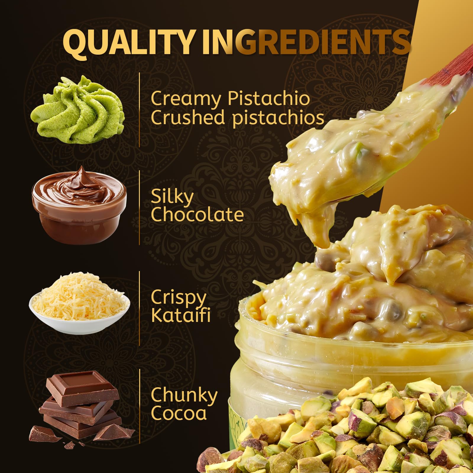 Dubai Chocolate Filling by Dubayy, Viral Pistachio Chocolate Spread with Kataifi Crisp, Luxury Dessert Dip for Waffles, Pancakes, Bread, Desserts