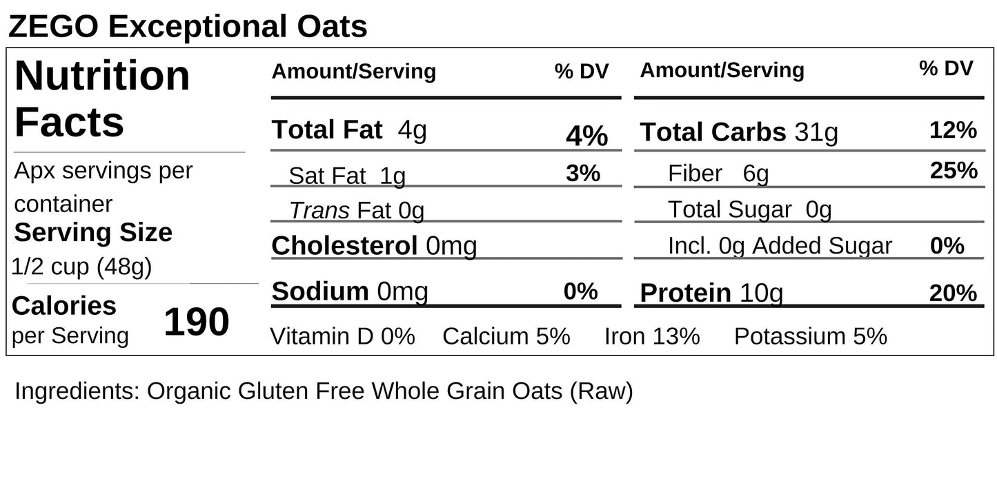 ZEGO Double Protein Raw Oats, Organic, Purity Protocol Gluten Free, GIyphosate Free, 14oz Bags, Bundle of 2 Bags (28oz total)