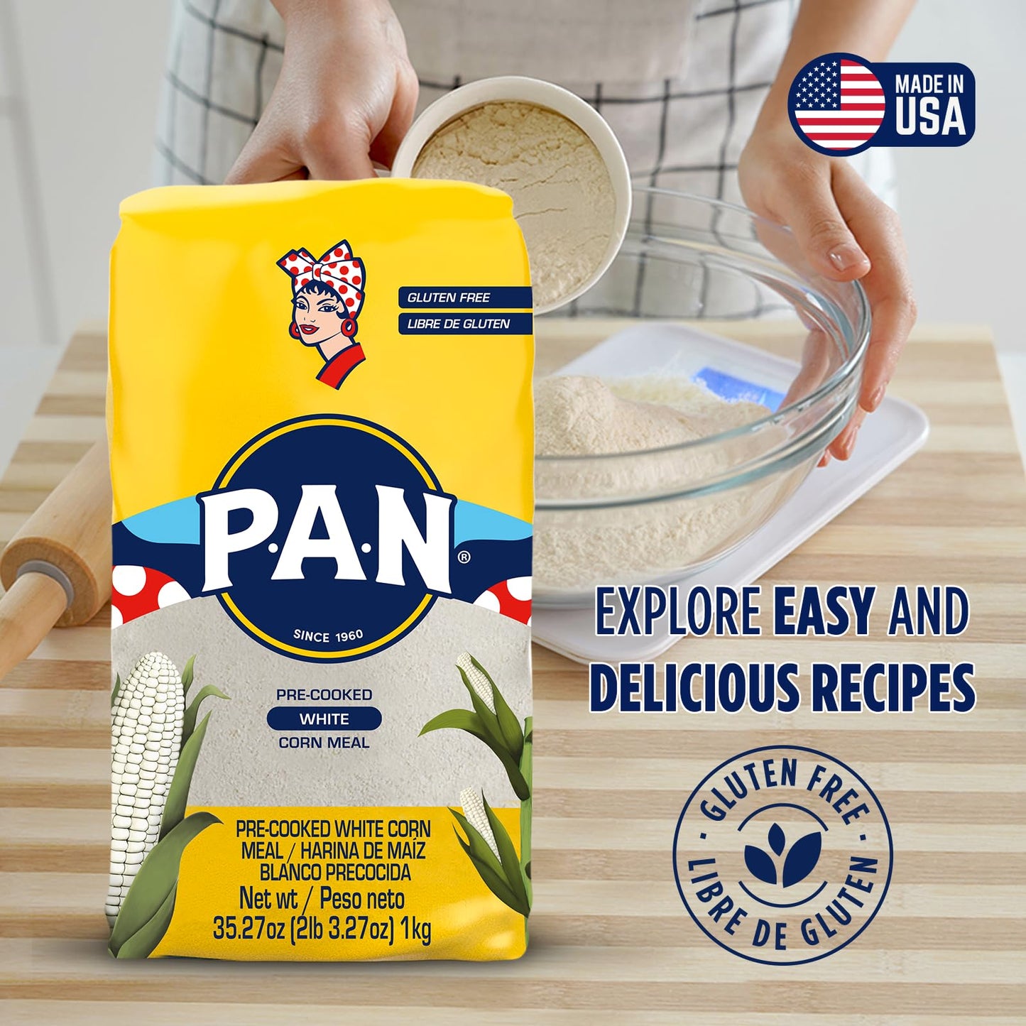 P.A.N. White Corn Meal - Pre-cooked Gluten Free and Kosher Flour for Arepas (2 lb 3.27 Oz / Pack of 1)