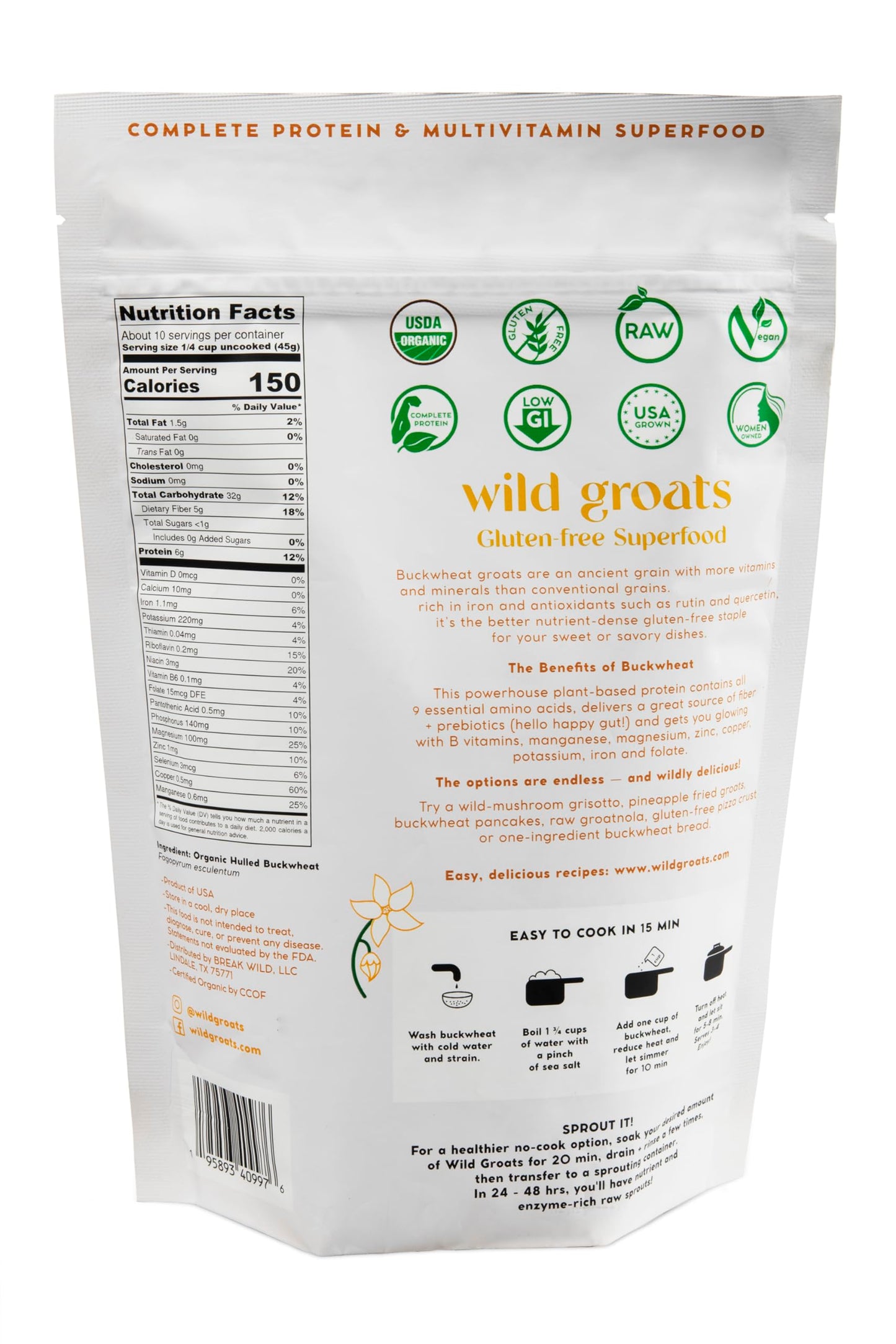 WILD GROATS Organic Raw Buckwheat - Grown in USA, Sproutable Seeds, 16 Oz. Gluten Free, Hulled, Vegan Complete Protein, Whole Grain, Non-GMO | For Sprouting, Flour, Cereal, Porridge, Cooking