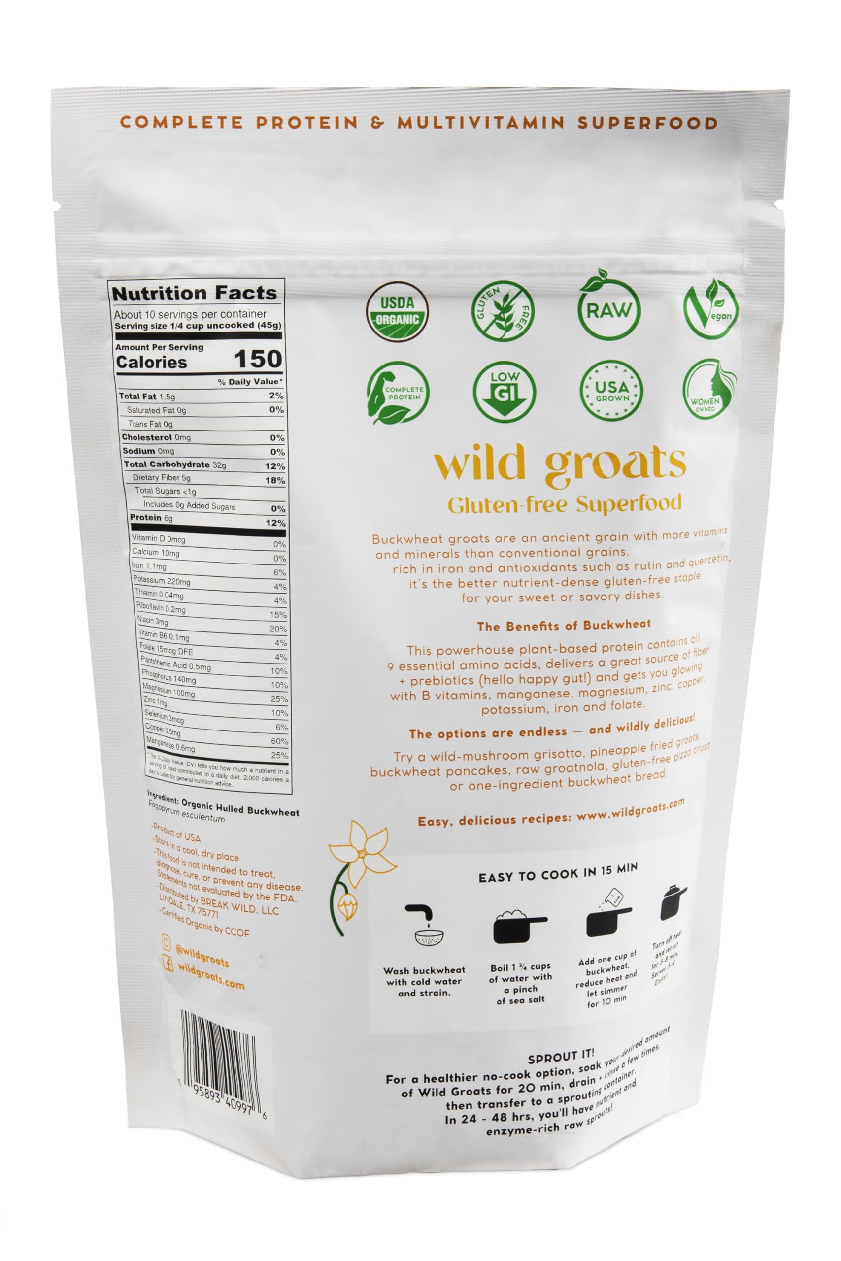 WILD GROATS Organic Raw Buckwheat - Grown in USA, Sproutable Seeds, 16 Oz. Gluten Free, Hulled, Vegan Complete Protein, Whole Grain, Non-GMO | For Sprouting, Flour, Cereal, Porridge, Cooking