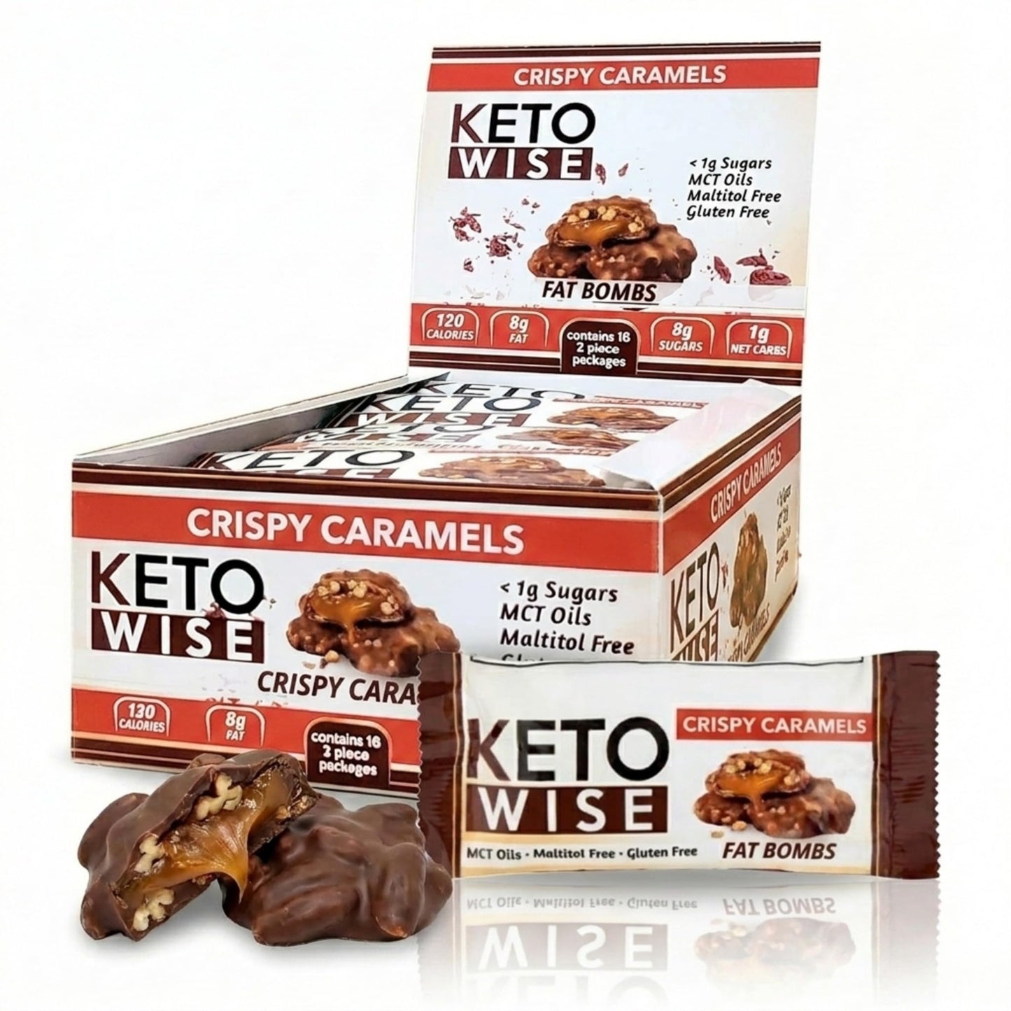 Keto Wise Fat Bombs - Made with Chocolate containing MCT Oil - Low Fat, Low Carb and Keto Friendly Snack - 8g Fat, 1g Net Carbs | Crispy Caramels