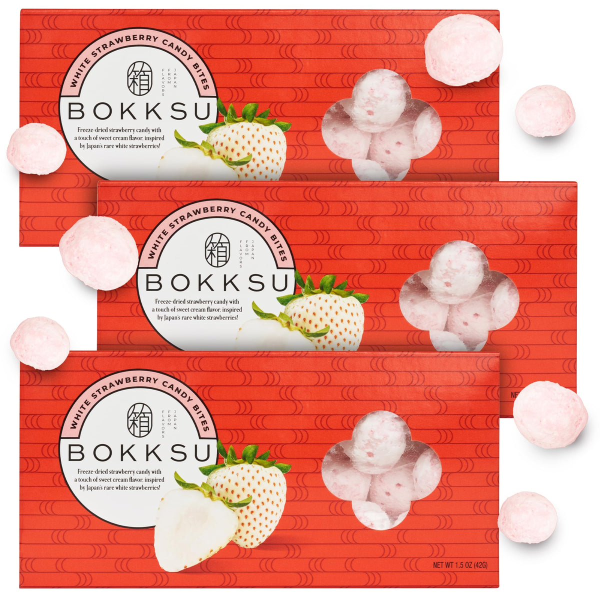 Bokksu White Strawberry Candy Bites - 3-Pack Freeze-Dried Strawberry Candies Infused with White Chocolate, Crunchy, Melt in Your Mouth, Bite-Sized