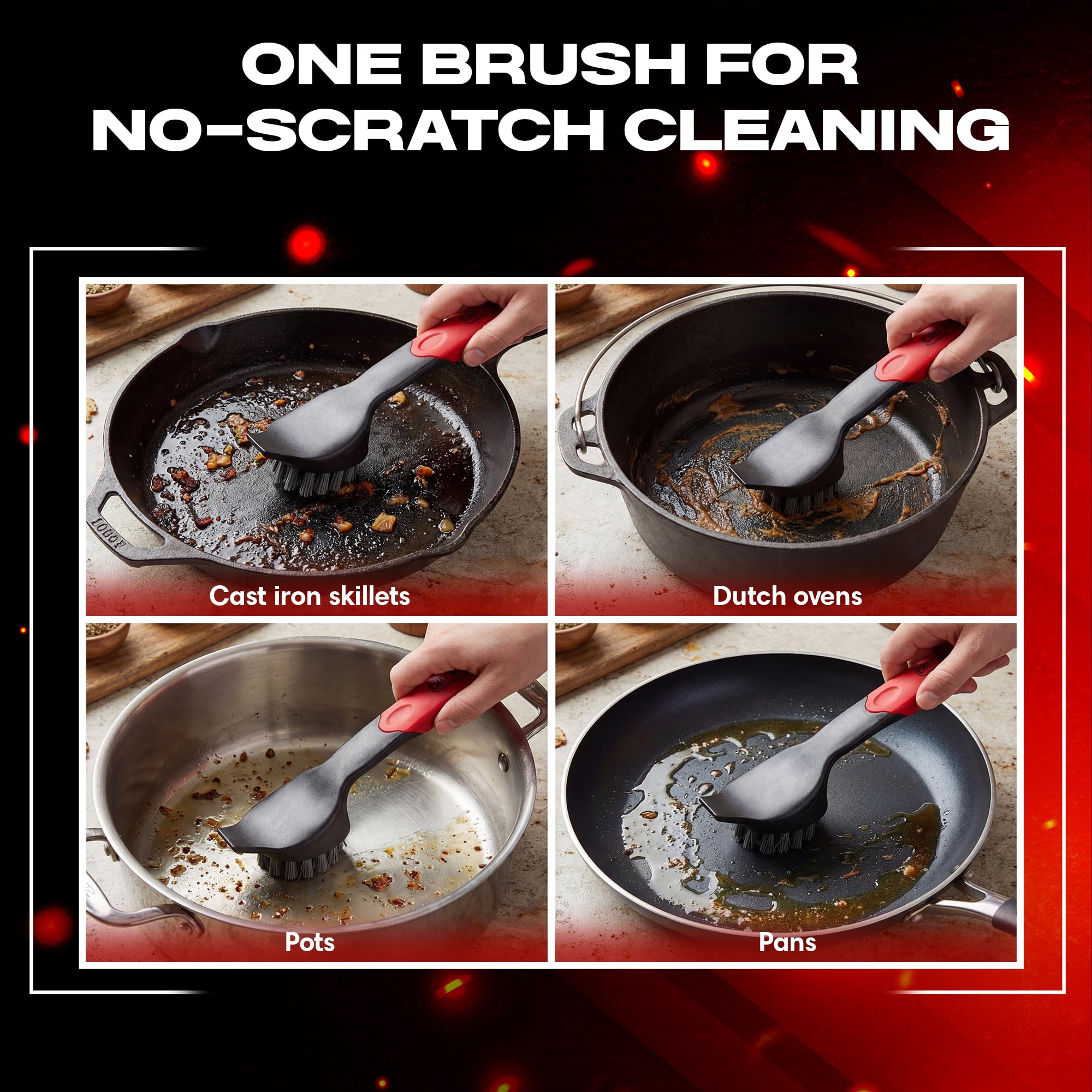 Cast Iron Scrub Brush with Heavy Duty Scraper - Nylon Bristles Dish Scrubber for Pans, Skillets and Woks - Kitchen Cleaner Removes Grime, Grease, Food