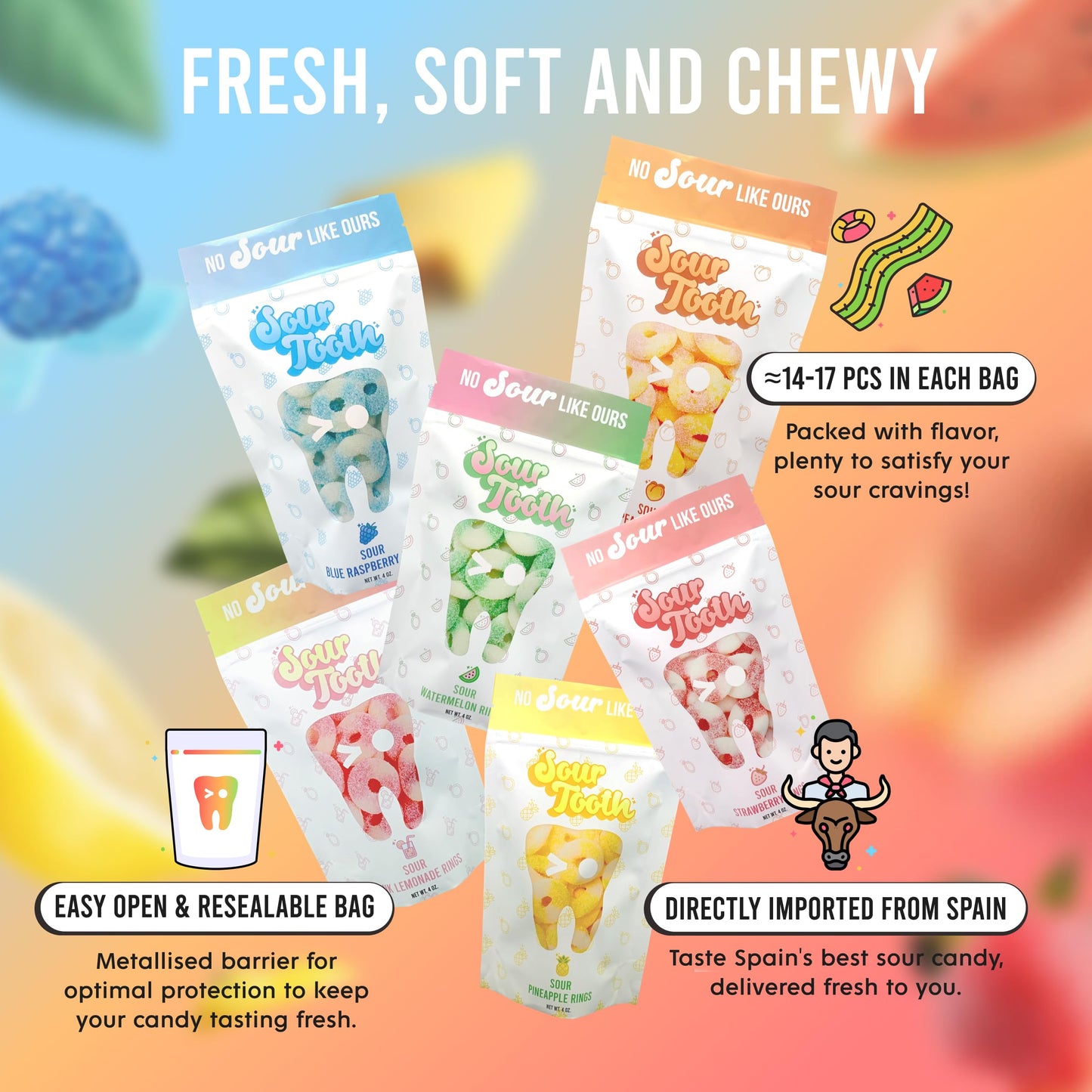 Tropical Sour Rings Candy, 6 Pack Gummy Sour Rings, Watermelon, Pineapple, Pink Lemonade, Blue Raspberry, Peach & Strawberry, Super Sour Rings, Fresh