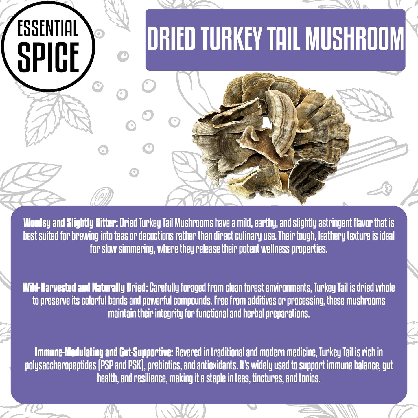 Essential Spice Dried Turkey Tail Mushrooms - Whole Slices, Mild Earthy Flavor - Traditional Functional Mushroom for Teas, Tinctures, Broths