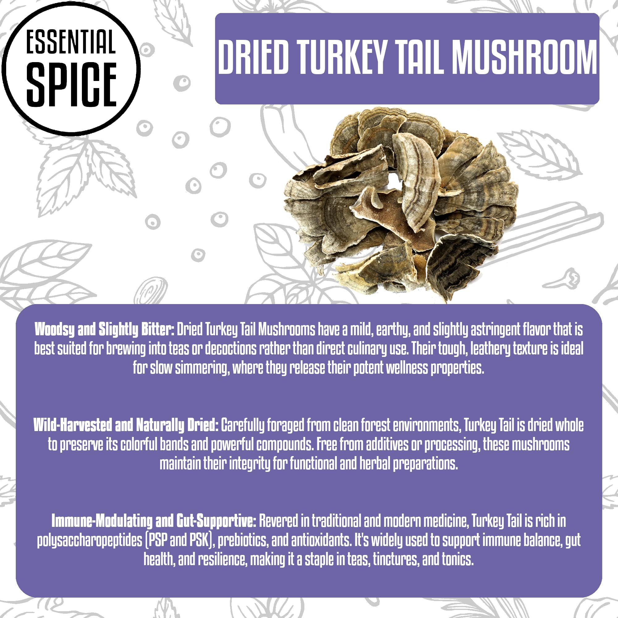 Essential Spice Dried Turkey Tail Mushrooms - Whole Slices, Mild Earthy Flavor - Traditional Functional Mushroom for Teas, Tinctures, Broths