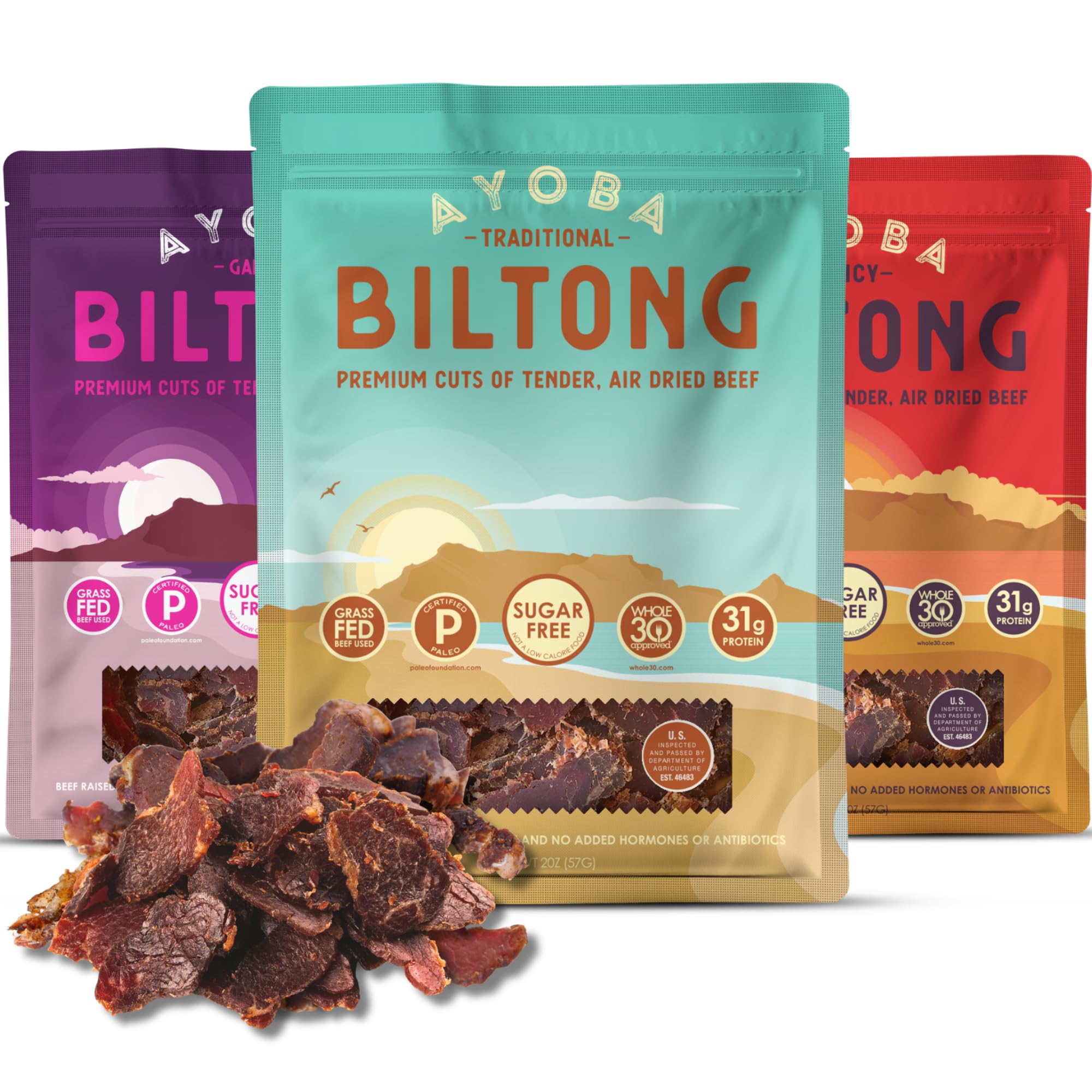 Ayoba Grass Fed Beef Biltong Slices, Variety Pack (2 Ounce, Pack of 3) - Authentic South African Protein Snacks - Keto-Certified,Paleo-Certified