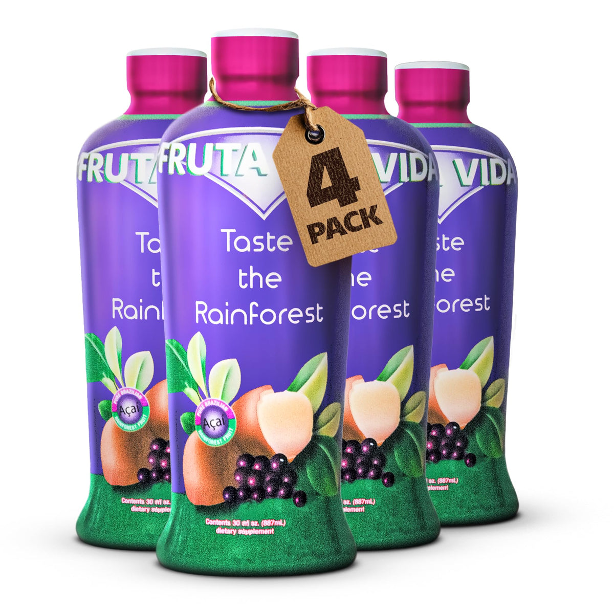 Fruta Vida - 4 Pack of 30 oz Bottles - Acai - Yerba Mate - Cupuacu Juice - by Pro Image International