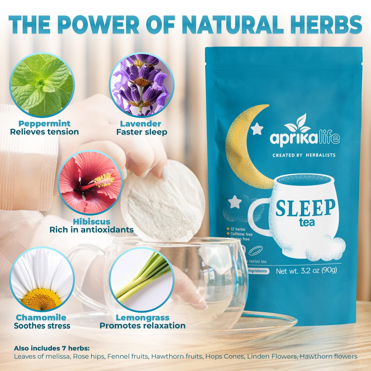 Aprika Life Sleep Tea for Bedtime Relaxation & Stress Relief - Natural Caffeine-Free Herbal Nighttime Tea with Chamomile, Lavender, Mint & Hibiscus