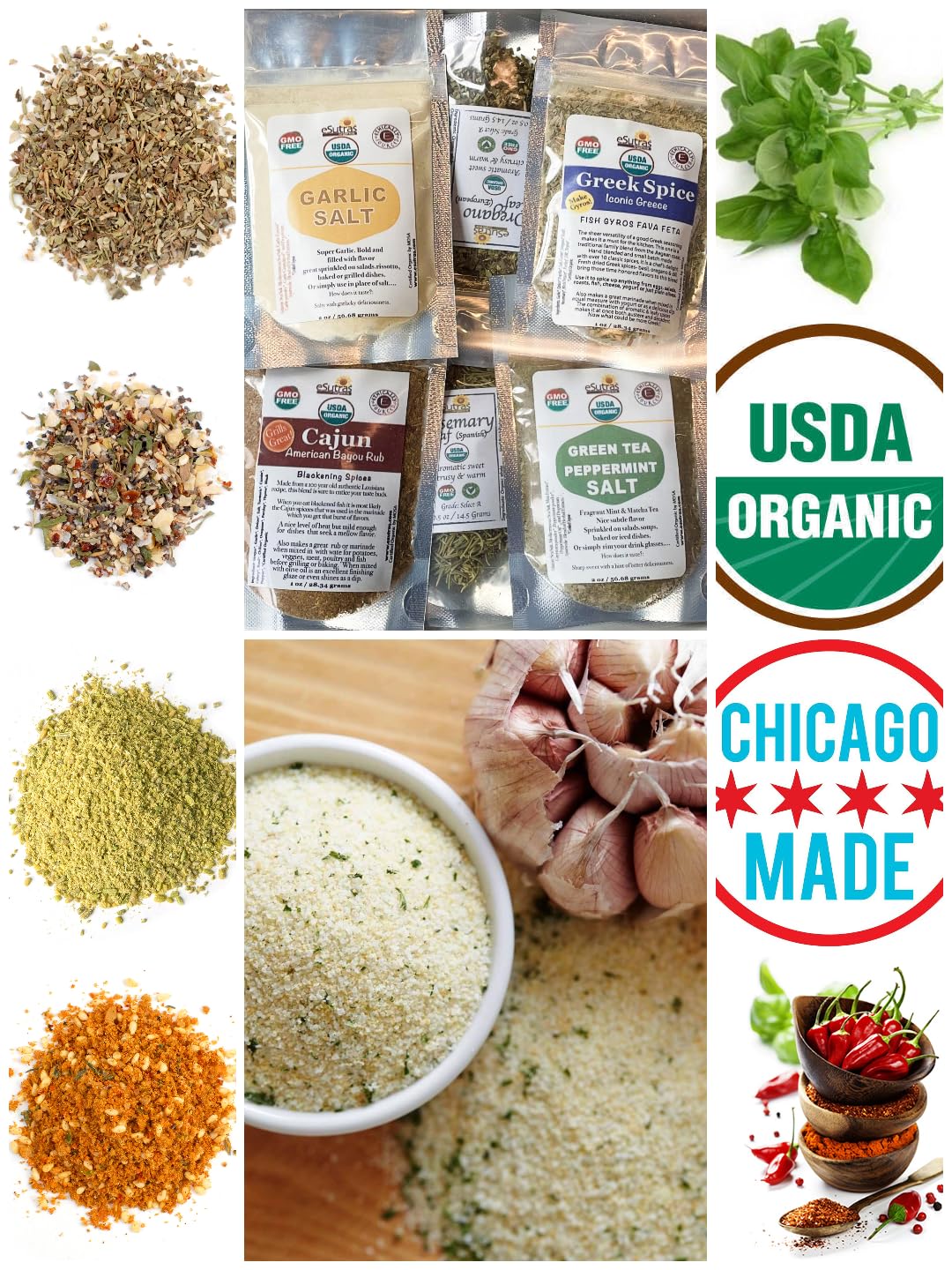 eSutras Organics European Spices, Herbs Salts & Seasoning Blends Kit |12 pc | Organic No MSG Non GMO Greek, Cajun, French Morocccon spice blends