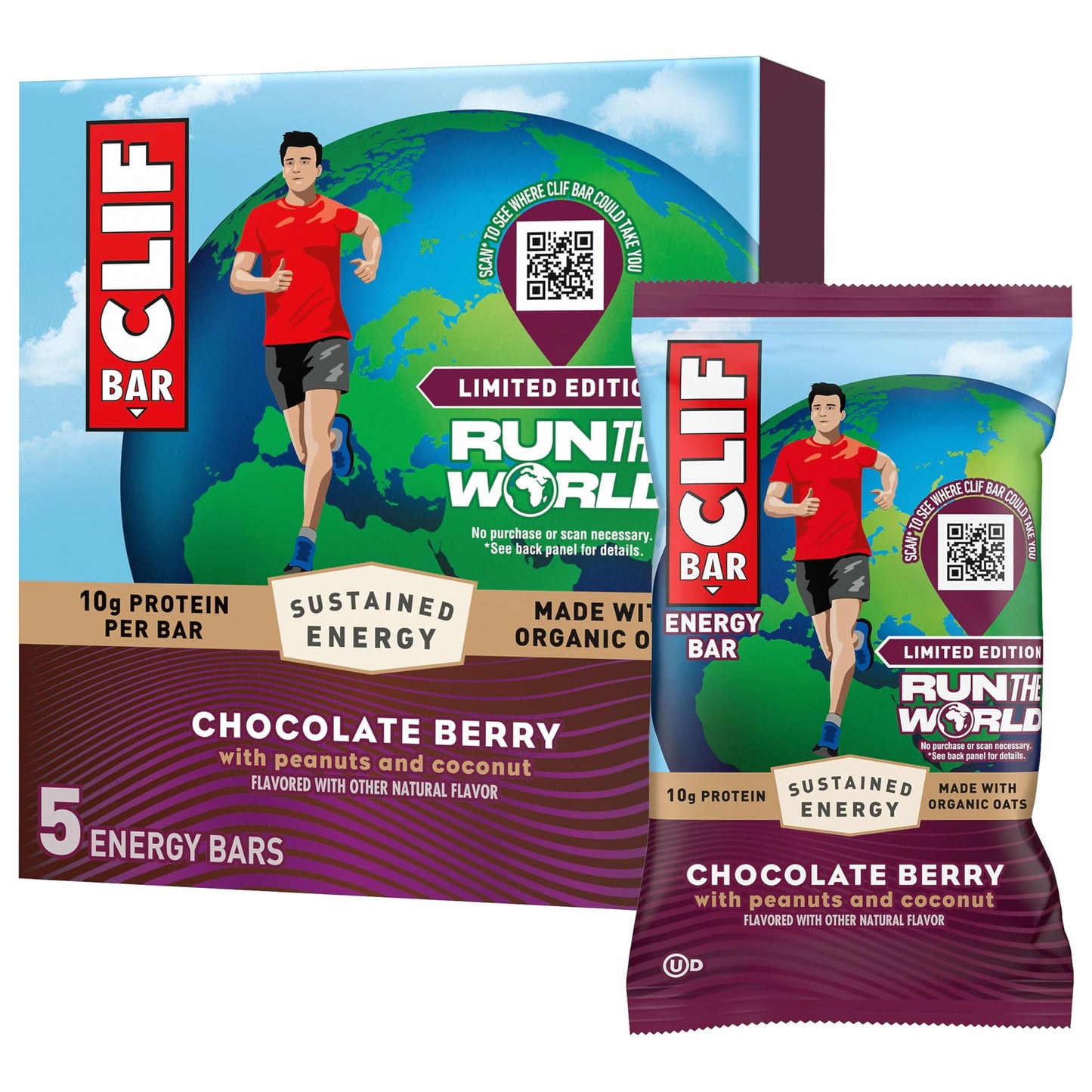 CLIF BAR - Energy Protein Bars - Limited Edition Run the World - Chocolate Berry - Made with Organic Oats - Energy Bars - Non-GMO (5 Pack)