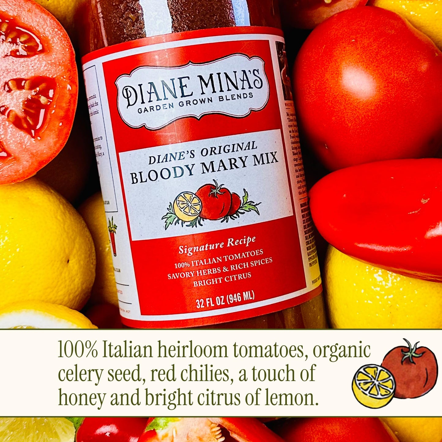Diane Mina - Diane’s Original Bloody Mary Mixer | Crafted with Authentic Ingredients & Premium Italian San Marzano Tomatoes | Naturally Low in Sodium