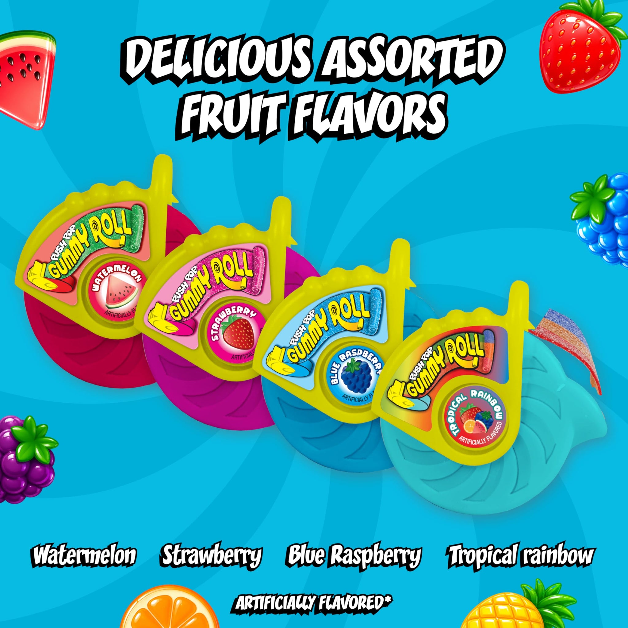 Push Pop Gummy Roll Candy Gummies, 8 Ct Individually Wrapped Gummies in Assorted Fruity Flavors, Full Size Fun Chewy Candy For Party Favors, Birthday