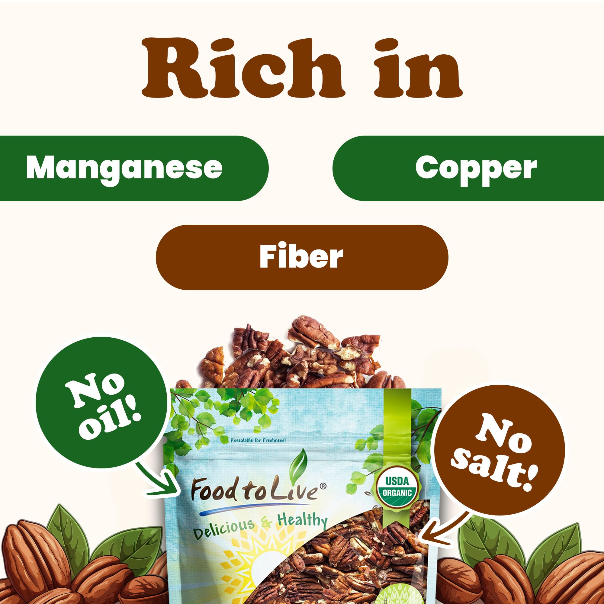 Food to Live Organic Dry Roasted Pecan Pieces, 8 Ounces - Oven Toasted, No Oil Added, Unsalted, Rich in Flavor and Crunch Nuts, Perfect for Cooking