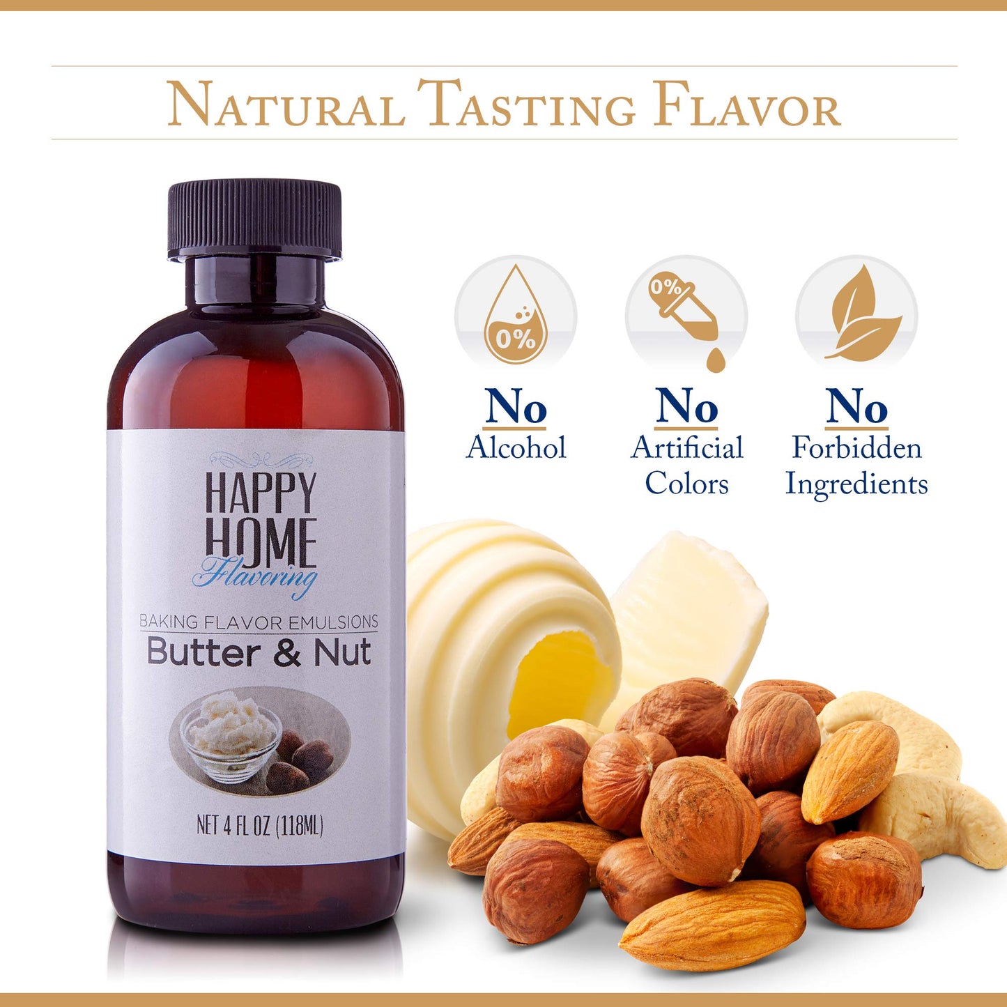 Happy Home Flavoring Imitation Butter & Nut Baking Flavor Emulsion - Certified Kosher, 4 oz.