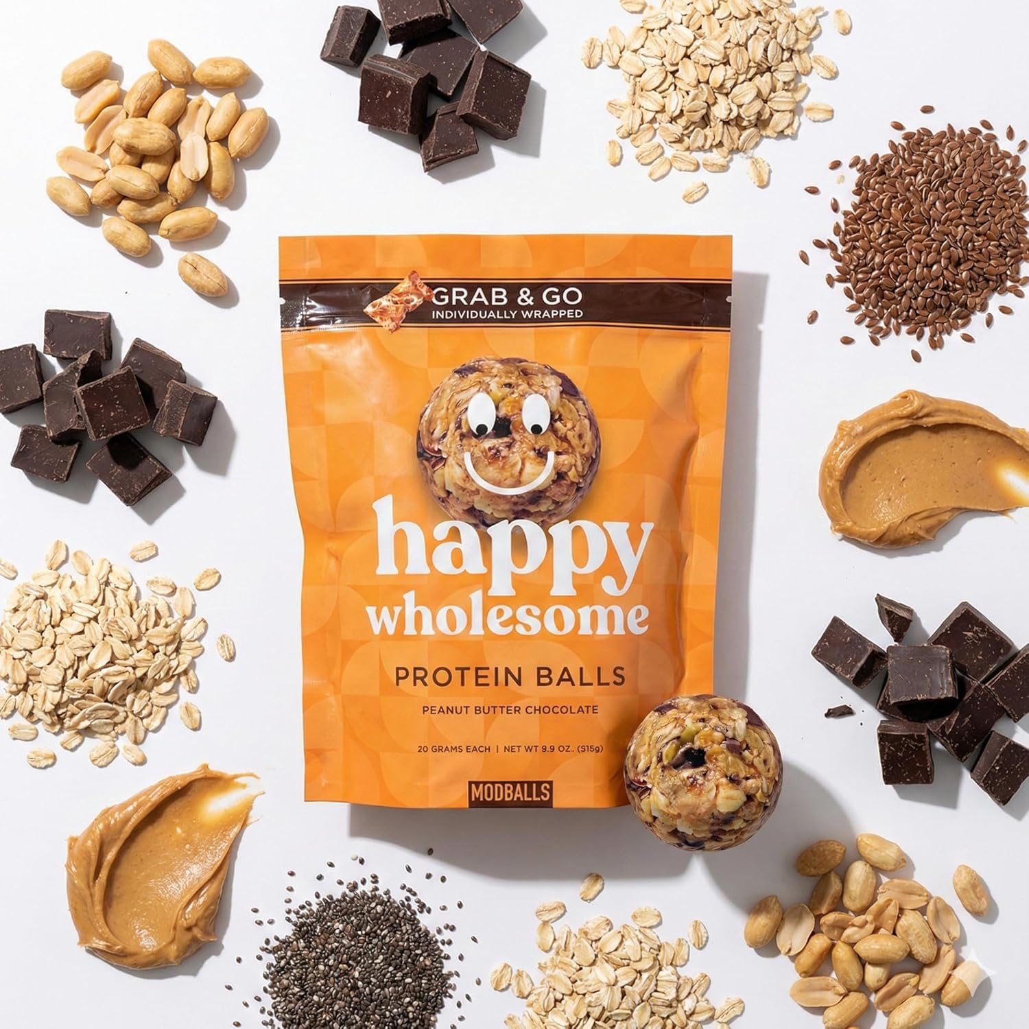 Happy Wholesome Peanut Butter Chocolate Chip Protein Balls, 10 Count, 7.05oz Bag, 8g Protein per Serving, Individually Wrapped, Gluten Free Snack
