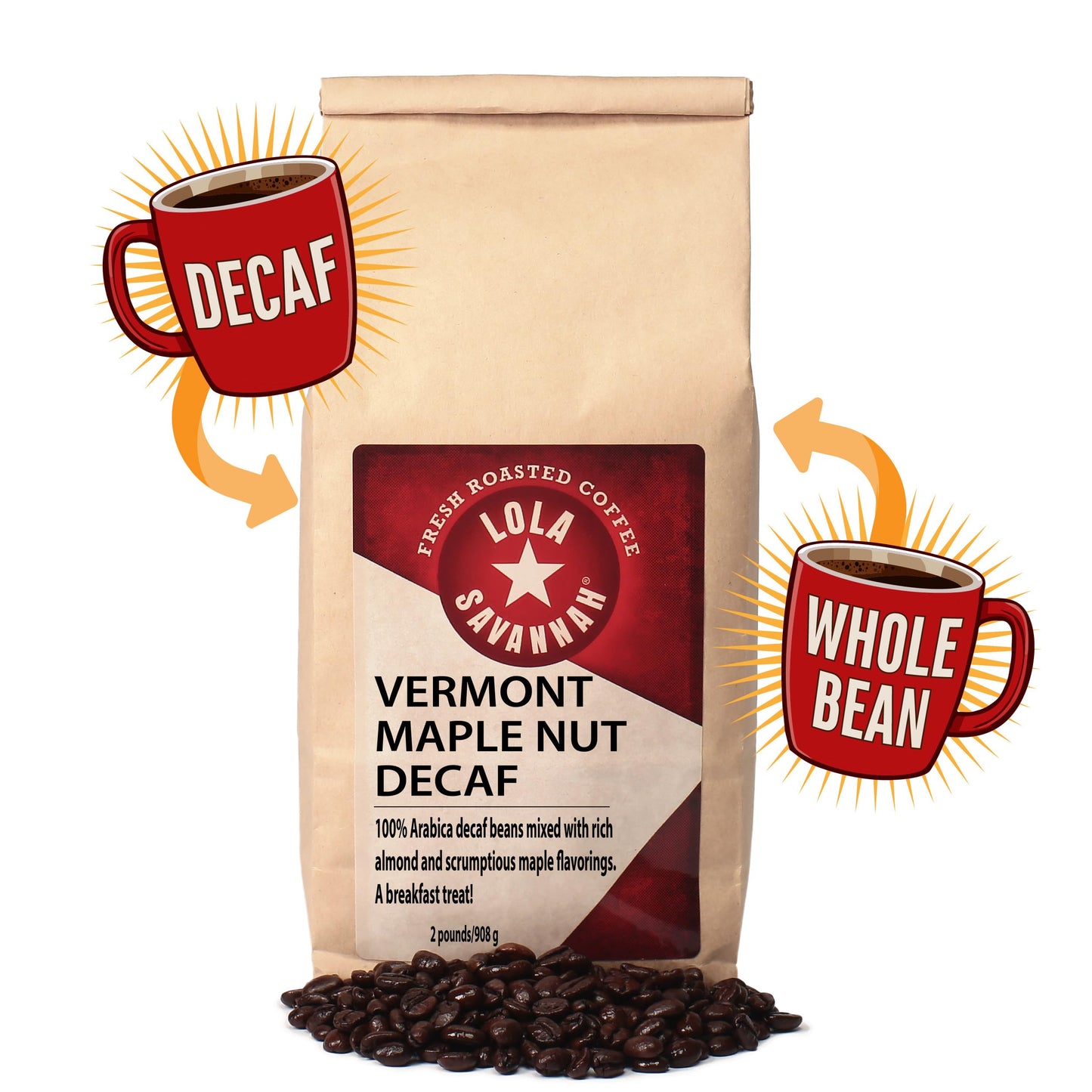 Lola Savannah Vermont Maple Nut Whole Bean Decaf Coffee, 2lb
