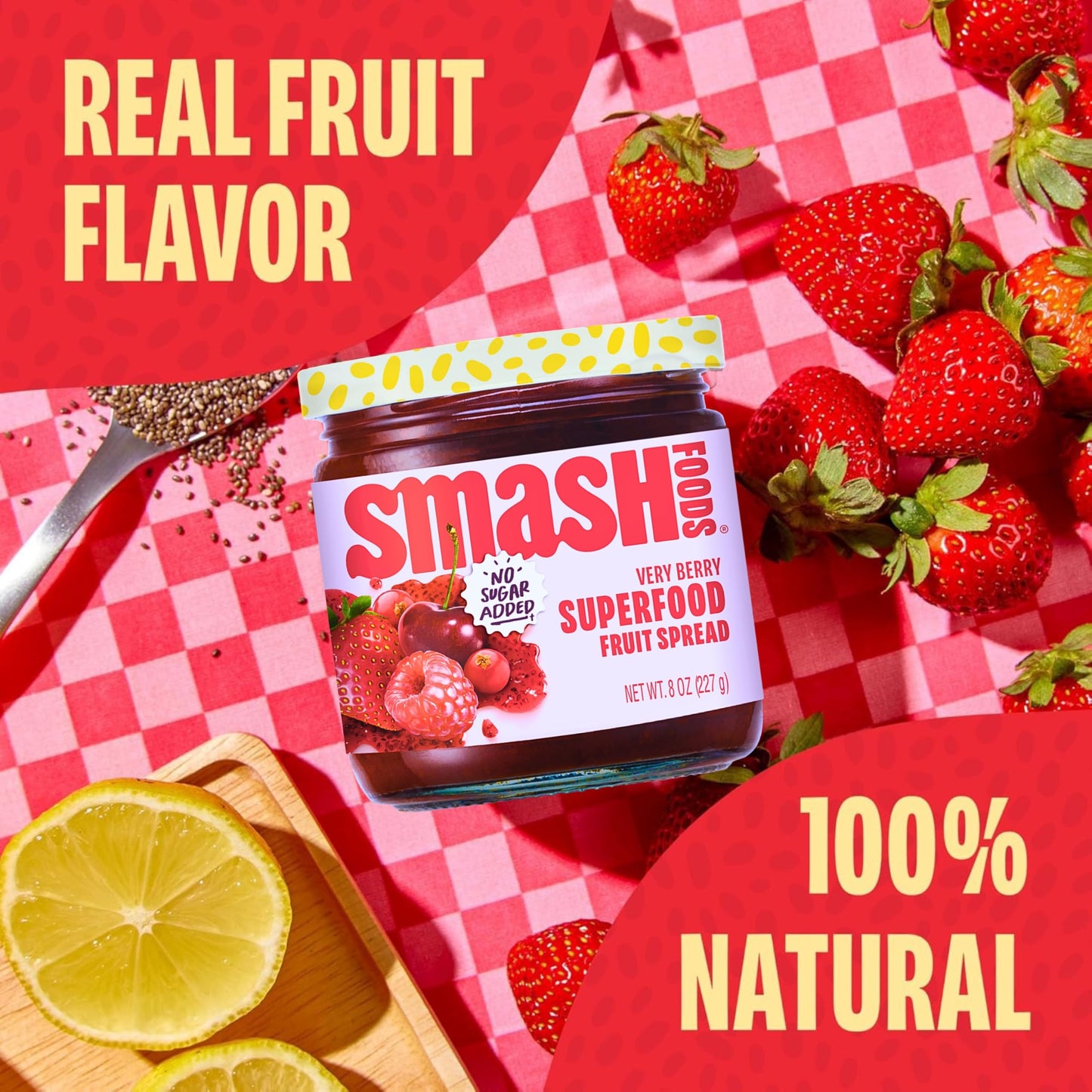 Smash Foods Very Berry Superfood Fruit Spread, No Sugar Added, Keto Jam with Chia Seeds, Vegan Paleo Spread, 8 Ounces, 2 Jars