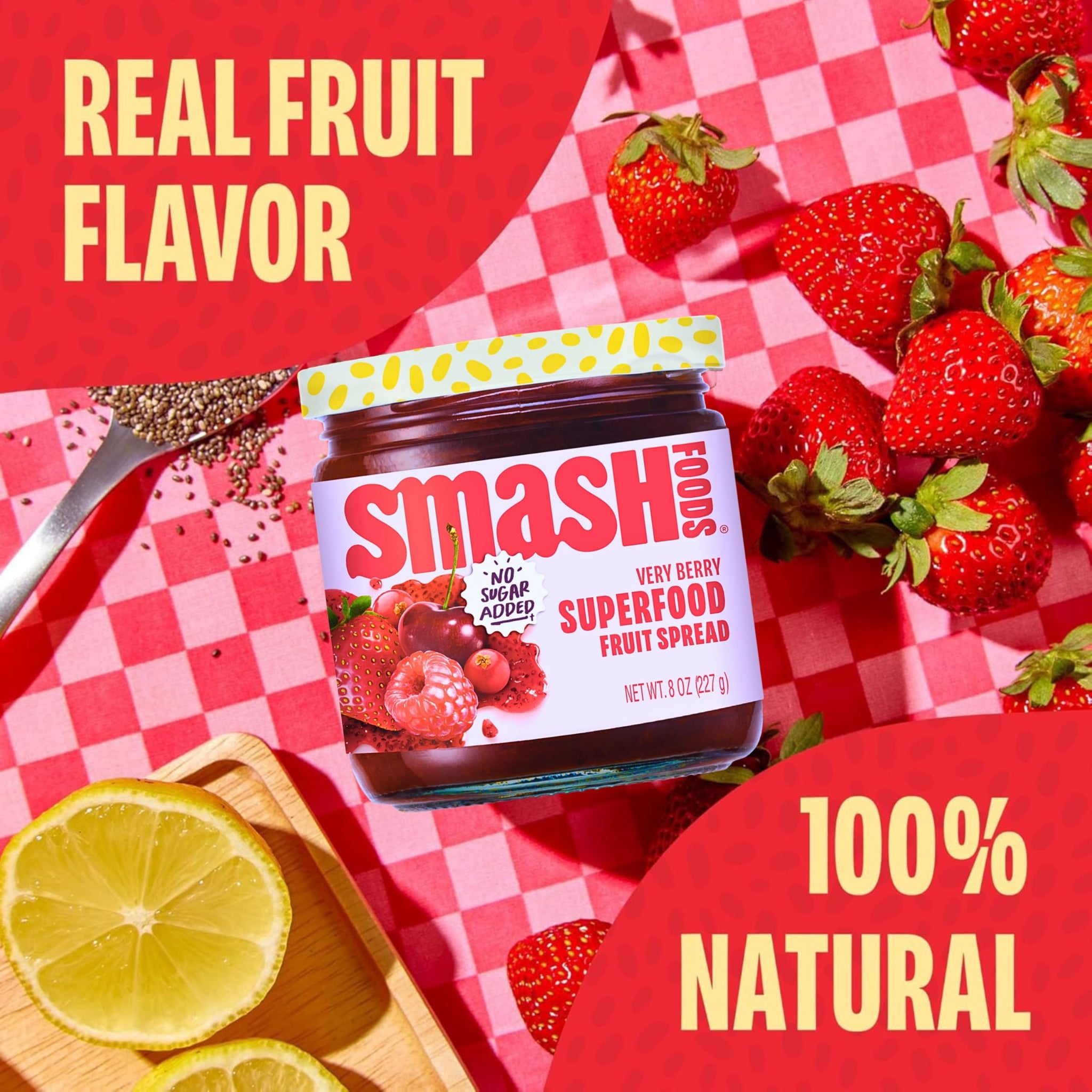 Smash Foods Very Berry Superfood Fruit Spread, No Sugar Added, Keto Jam with Chia Seeds, Vegan Paleo Spread, 8 Ounces, 2 Jars