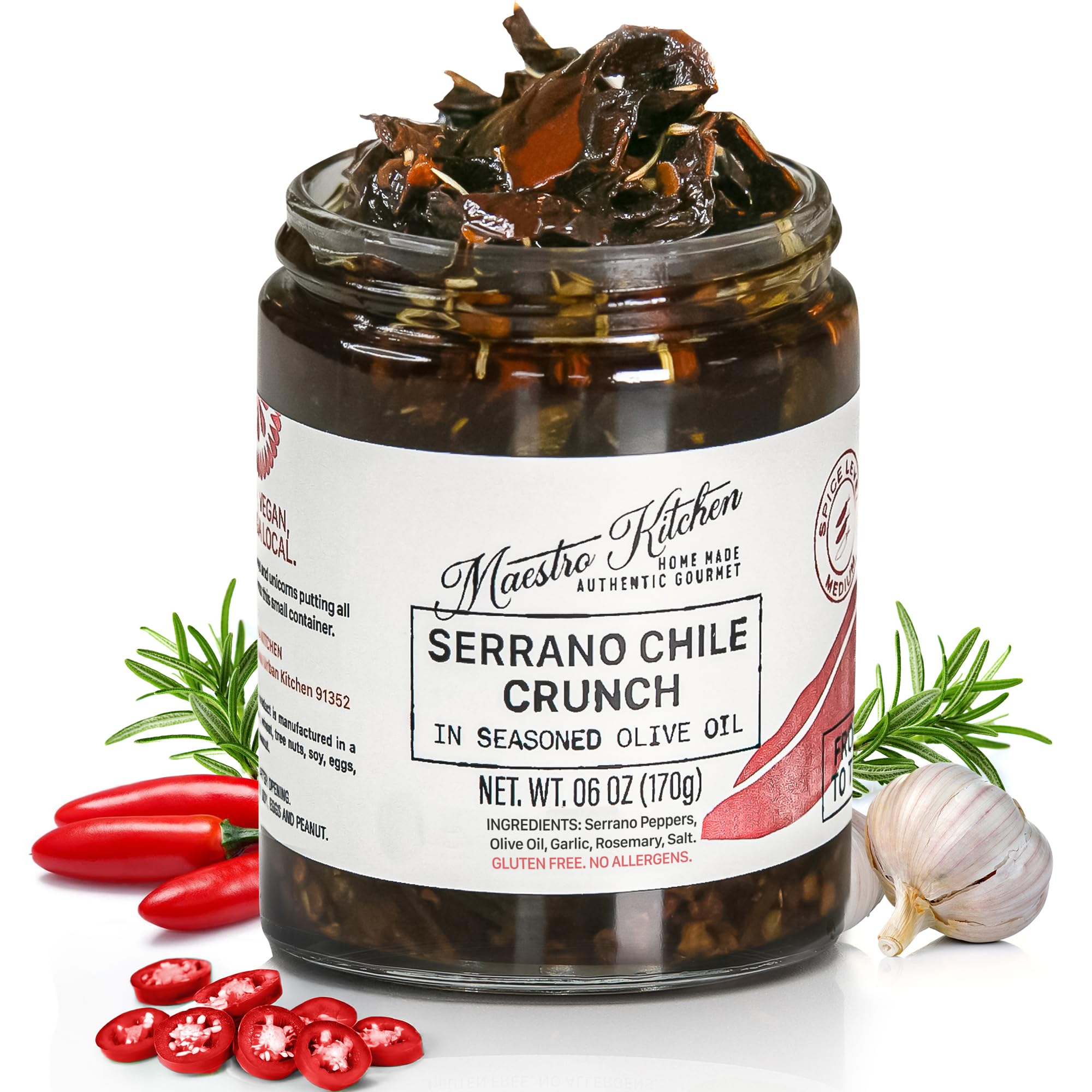 MAESTRO KITCHEN Spicy Serrano Chile Crunch | Mexican Chili Crisp in Olive Oil 6oz 2 Pack | All Natural Chili Oil Hot Sauce w/ 100% Olive Oil, Garlic