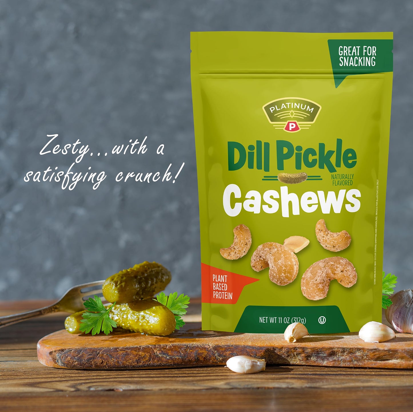 Platinum Dill Pickle Cashews - Plant Based Protein, Fiber, Healthy Snack - Roasted with Tangy Zest of Dill Pickle - Can Bring at Home, Work, Office