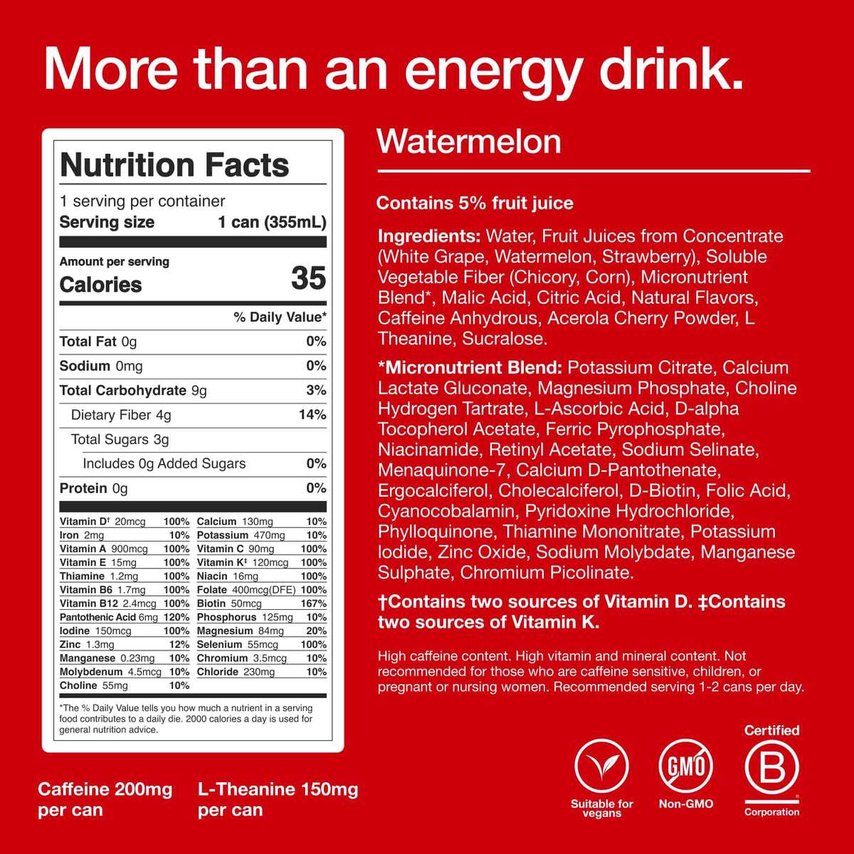 Huel Energy+ | Watermelon Energy Drink | 200mg of Caffeine 35 Calories