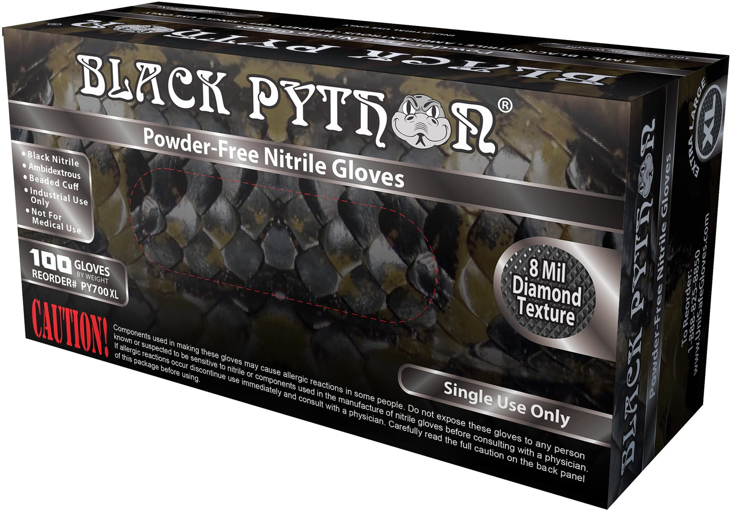 BLACK PYTHON HD 8 MIL Nitrile Disposable Gloves, Latex & Powder Free, Industrial, Raised Diamond Texture, Case/1000, X-Large